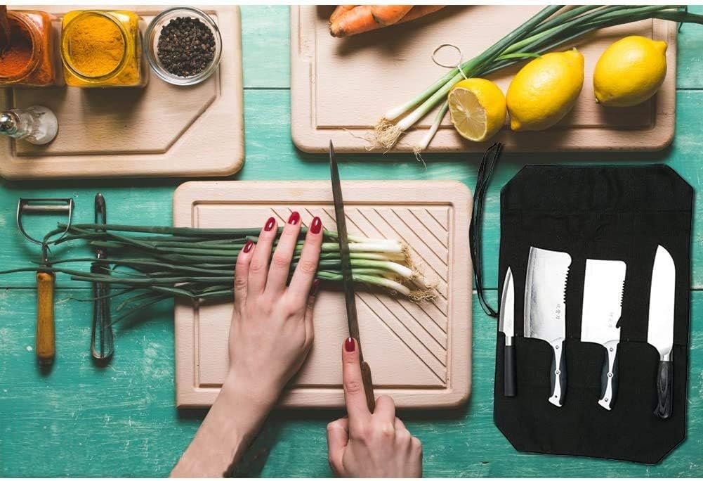 HERSENT Knife Roll, Chefs Knife Roll Bag, Portable Knife Bag, Travel Chef Knife Case Carrier Storage Bag with 4 Slots, Knife Pouch for Chef or Culinary Enthusiasts Men Women,Butcher Knife Roll Bag