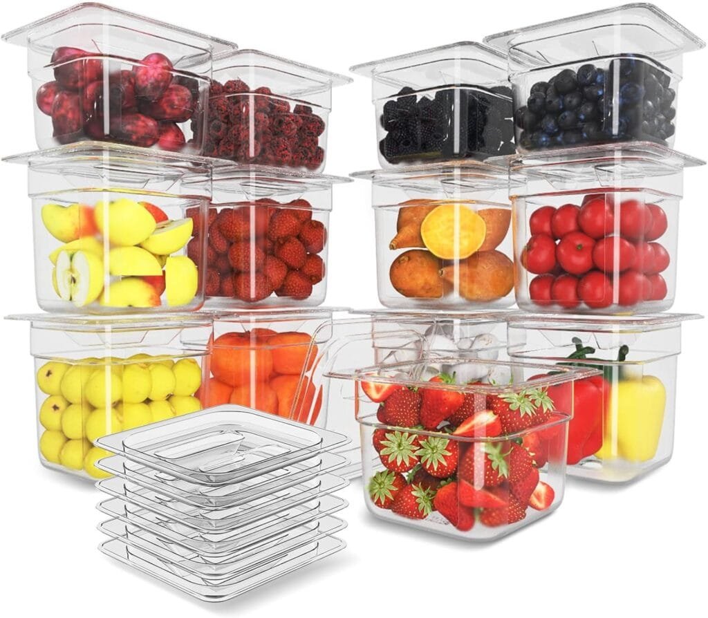 HNEDSEN 12 Pack Plastic Food Pan with Lid 1/6 Size 6 Inch Deep Restaurant Clear Food Storage Containers Polycarbonate Commercial Hotel Pans for Fruits Vegetables Beans Corns (12 PCS, 6 Deep) HNEDSEN 12 Pack Plastic Food Pan with Lid 1/6 Size 6 Inch Deep Restaurant Clear Food Storage Containers Polycarbonate Commercial Hotel Pans for Fruits Vegetables Beans Corns (12 PCS, 6 Deep)
