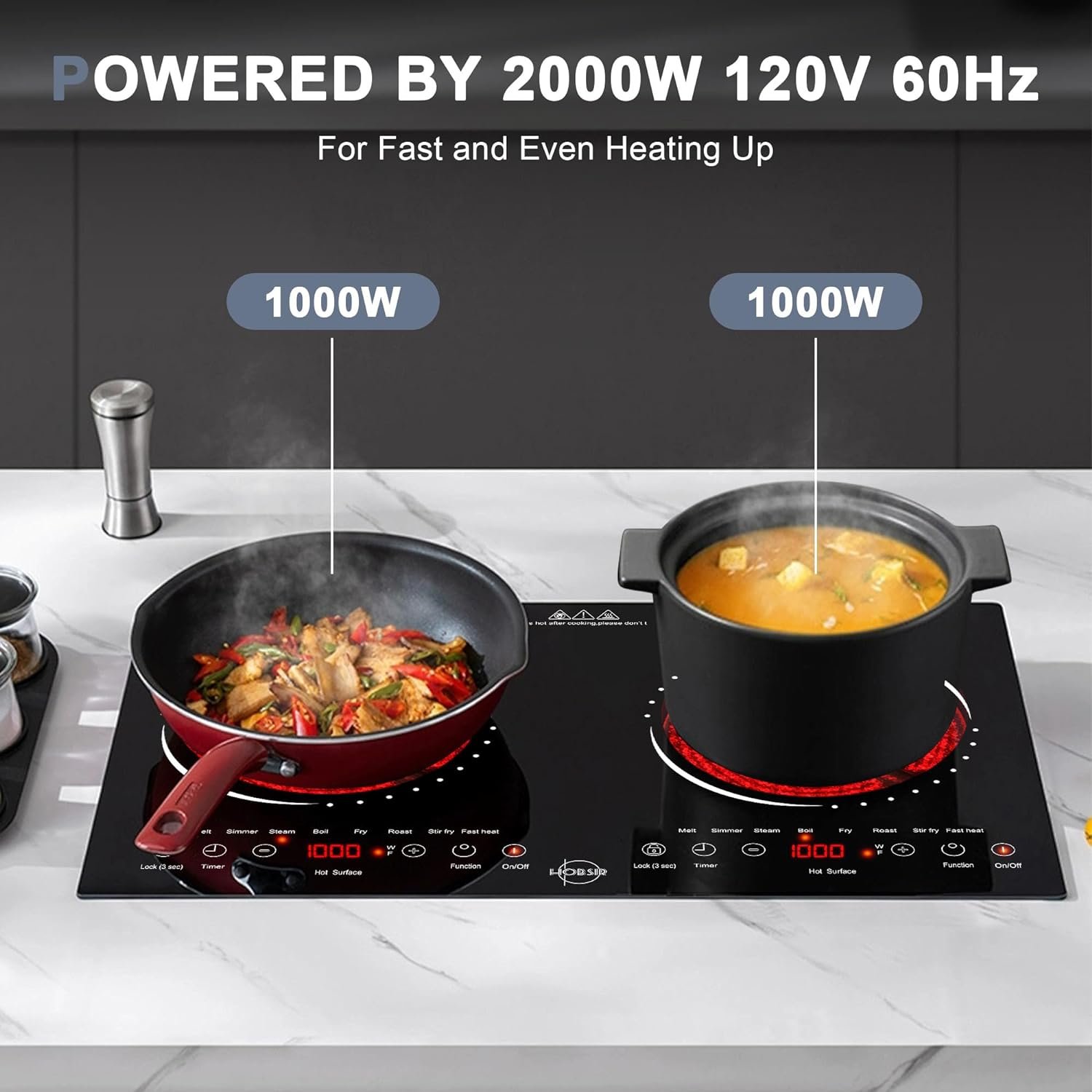 Hobsir Hob 2 Burner Electric Cooktop 110v, Double Electric Stove Burner, 24 Inch Countertop and Built-in Electric Stove Top with Plug, LED Touch Screen, Kids Lock for Kitchen Apartment RV Camp Stove