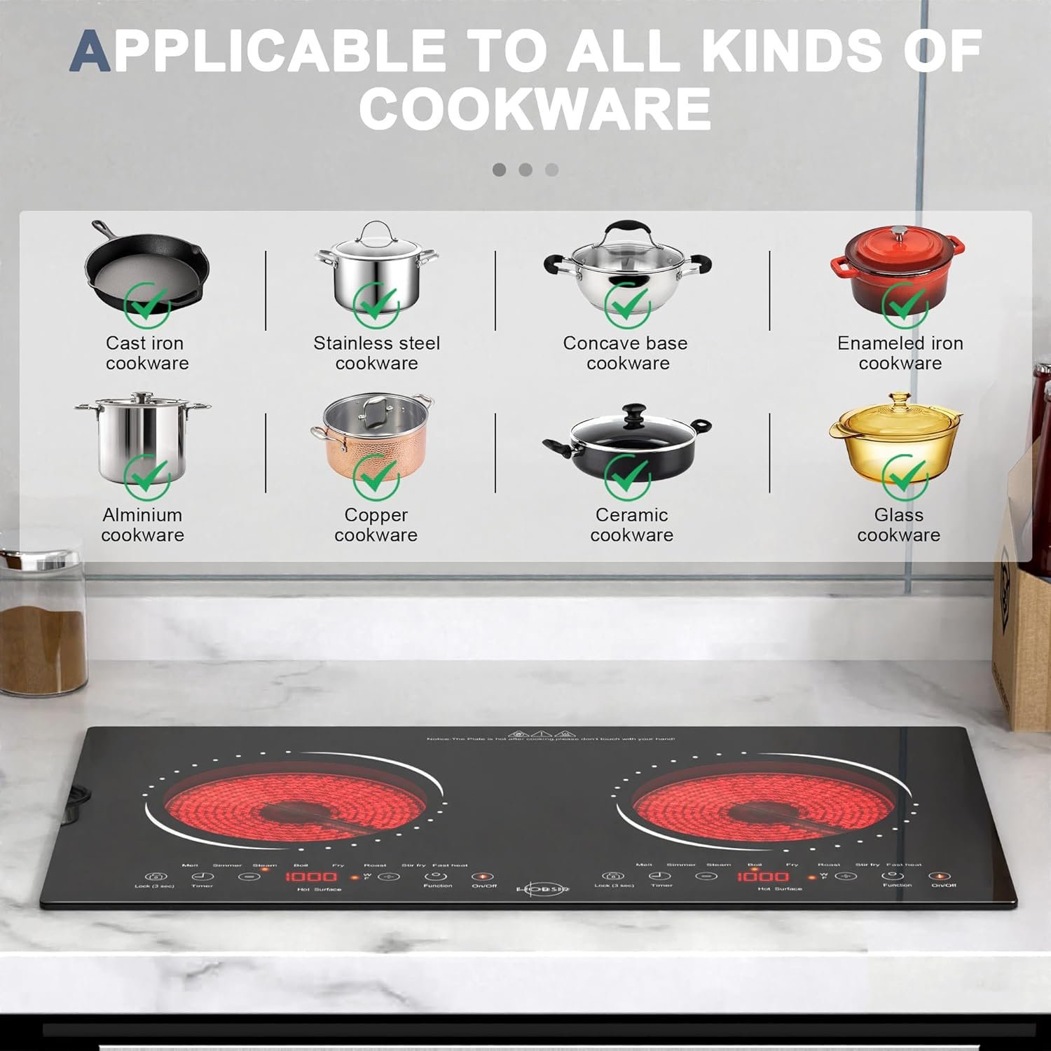 Hobsir Hob 2 Burner Electric Cooktop 110v, Double Electric Stove Burner, 24 Inch Countertop and Built-in Electric Stove Top with Plug, LED Touch Screen, Kids Lock for Kitchen Apartment RV Camp Stove