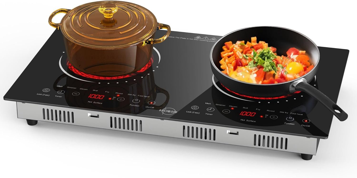 Hobsir Hob 2 Burner Electric Cooktop 110v, Double Electric Stove Burner, 24 Inch Countertop and Built-in Electric Stove Top with Plug, LED Touch Screen, Kids Lock for Kitchen Apartment RV Camp Stove