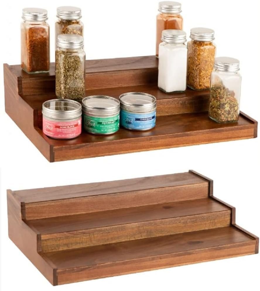 Homeries Wooden Spice Rack organizer 3-Tier Non-Skid for Pantry Cabinet or Countertop, Waterproof, For Spice Bottles, Jars, Seasonings, Baking Supplies (2 Pack)