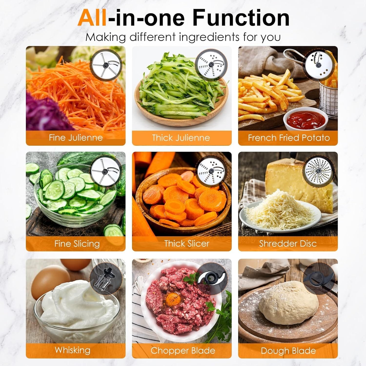 Homtone 16 Cup Food Processor, Aluminum-Diecast Food Processors, 5 Preset Modes Vegetable Chopper Electric, 6 Blades 9 Functions for Home Use, Variable Speed, 650W, Sliver