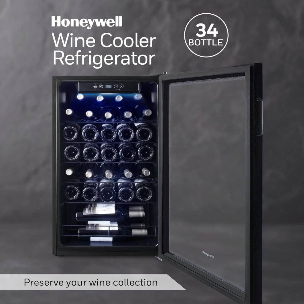 Honeywell 24 Bottle Compressor Wine Cooler Refrigerator, Compact Wine Cellar For Red, White, Champagne or Sparkling Wine, Digital Temperature Control, Glass Door