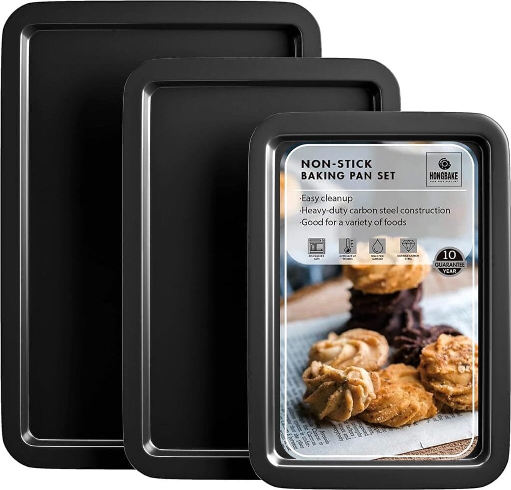 HONGBAKE Baking Sheet Pan Set, Cookie Sheet for Oven, Nonstick Bakeware Sets with Wider Grips, 3 Pack Half/Jelly Roll/Quarter Baking Tray, Premium, Dishwasher Safe - Dark Grey