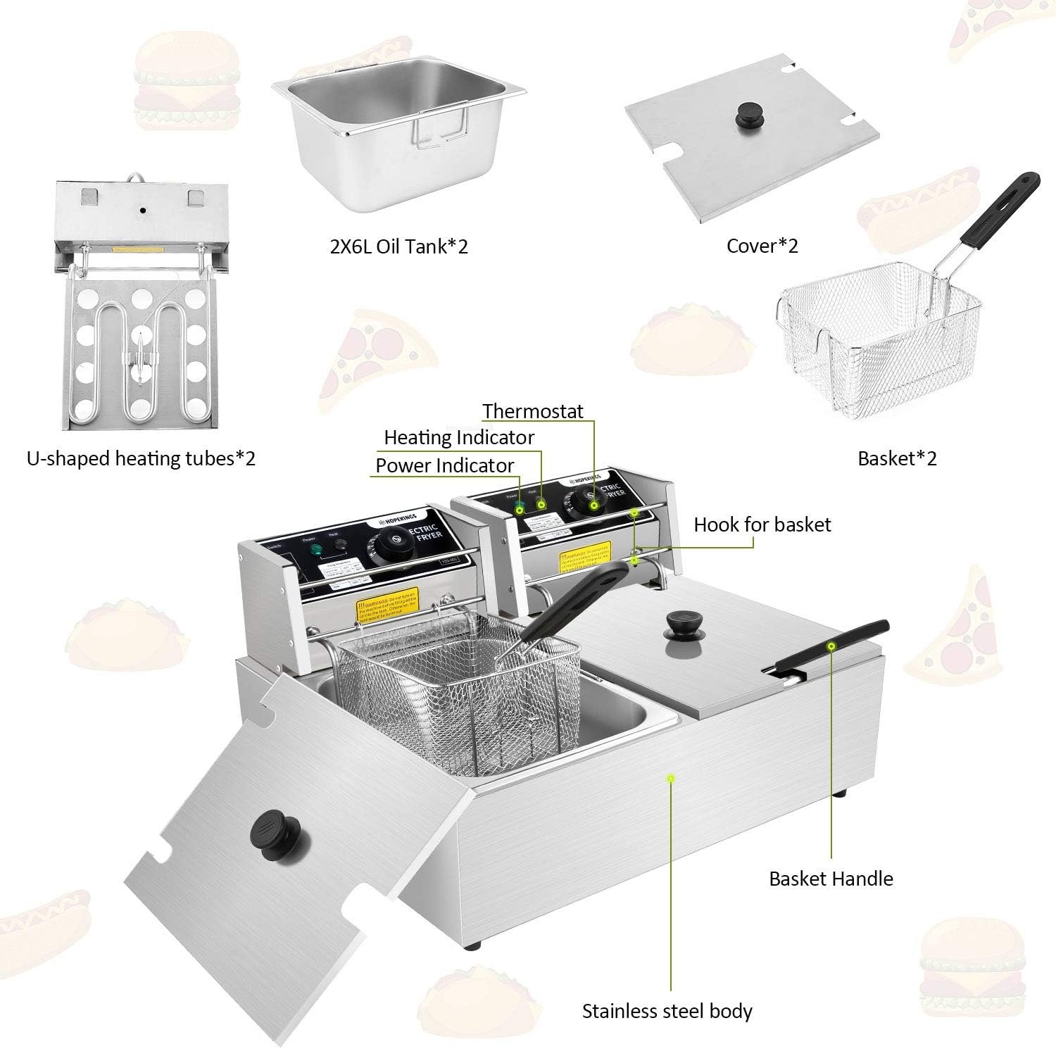 Hopekings Commercial Deep Fryer, 20.7QT with 2 x 6.35QT Baskets Stainless Steel Countertop Oil Fryer with Temperature Limiter and Over Current Protection for Home Kitchen and Restaurant