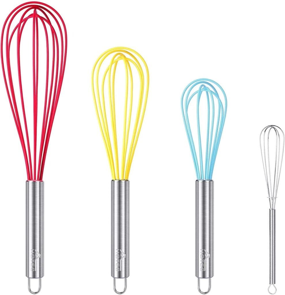 HOTEC 4 Pieces Silcone Whisks Set, Wire Balloon Whisks Egg Beater, Non-slip Handle Whisk for Non-stick Cookware Perfect for Cooking, Stirring, Beating and Blending (Multicolor) HOTEC 4 Pieces Silcone Whisks Set, Wire Balloon Whisks Egg Beater, Non-slip Handle Whisk for Non-stick Cookware Perfect for Cooking, Stirring, Beating and Blending (Multicolor)