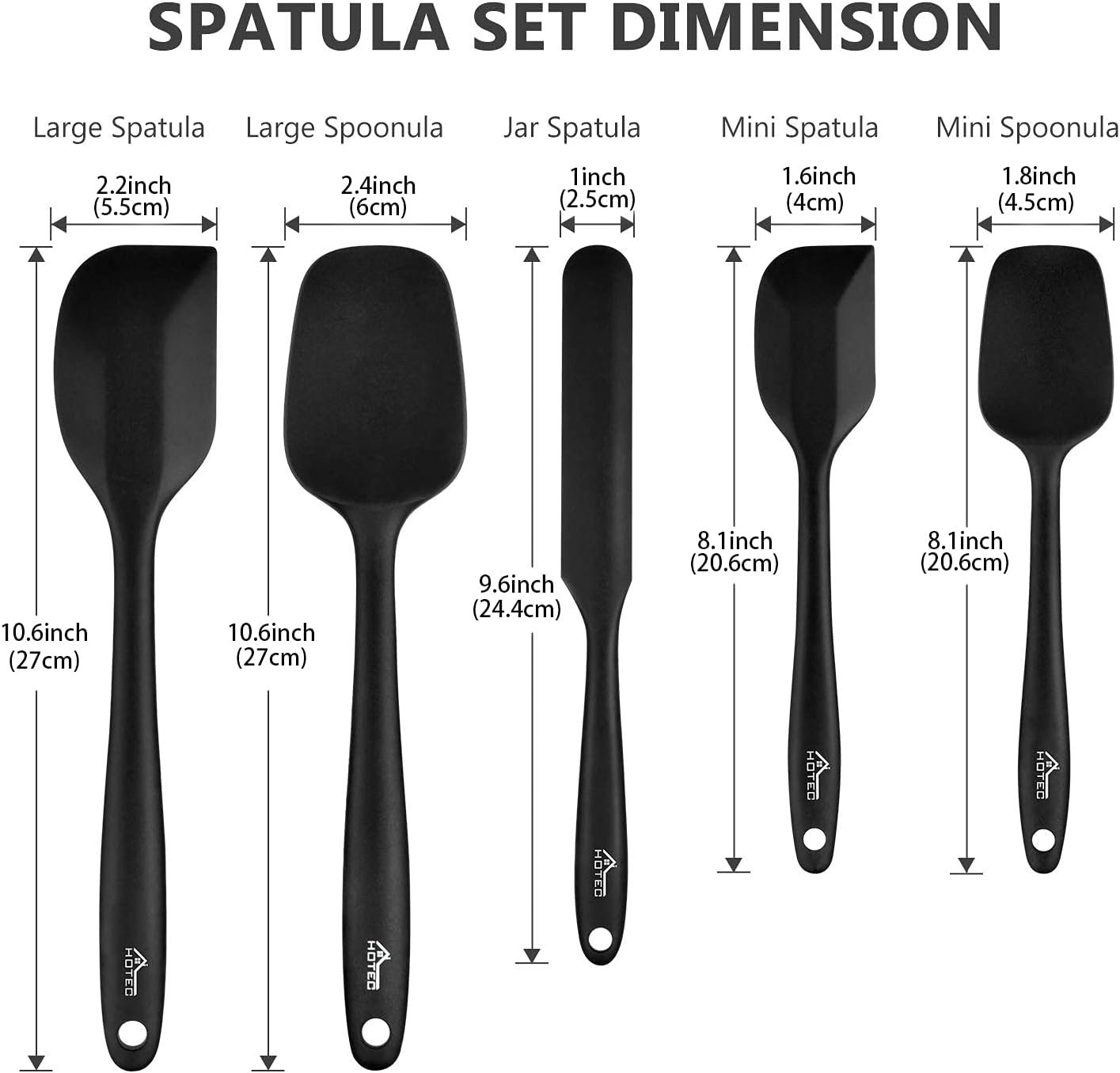 HOTEC Food Grade Silicone Rubber Spatula Set for Kitchen Baking, Cooking, and Mixing High Heat Resistant Non Stick Dishwasher Safe BPA-Free Black Set of 5 HOTEC Food Grade Silicone Rubber Spatula Set for Kitchen Baking, Cooking, and Mixing High Heat Resistant Non Stick Dishwasher Safe BPA-Free Black Set of 5