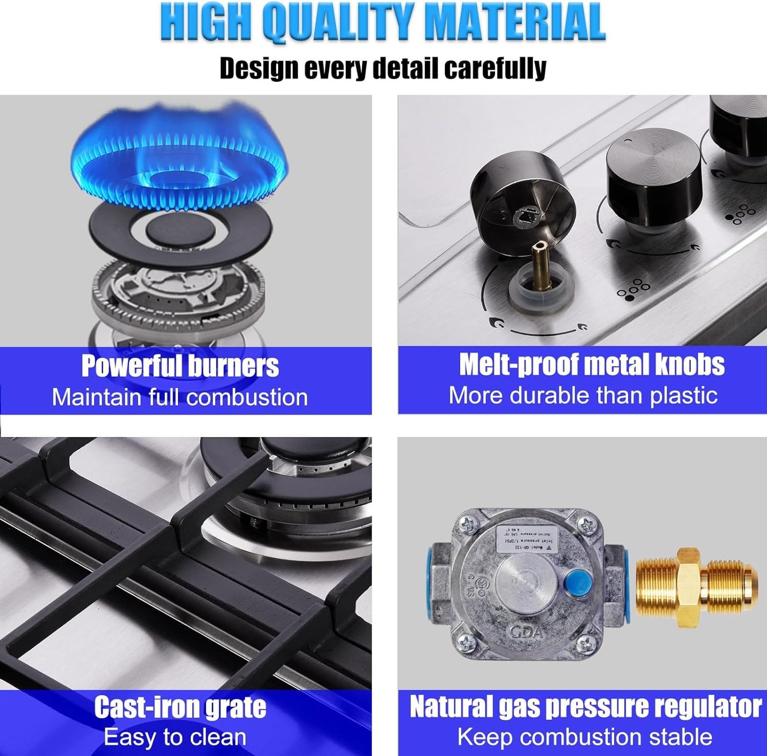 Hothit Propane Gas Cooktop 30 Inch, 5 Burner Built-in Stainless Steel Gas Stove Top, LPG/NG Dual Fuel Auto Ignition Gas Hob, Include Gas Pressure Regulator(L30×W20)