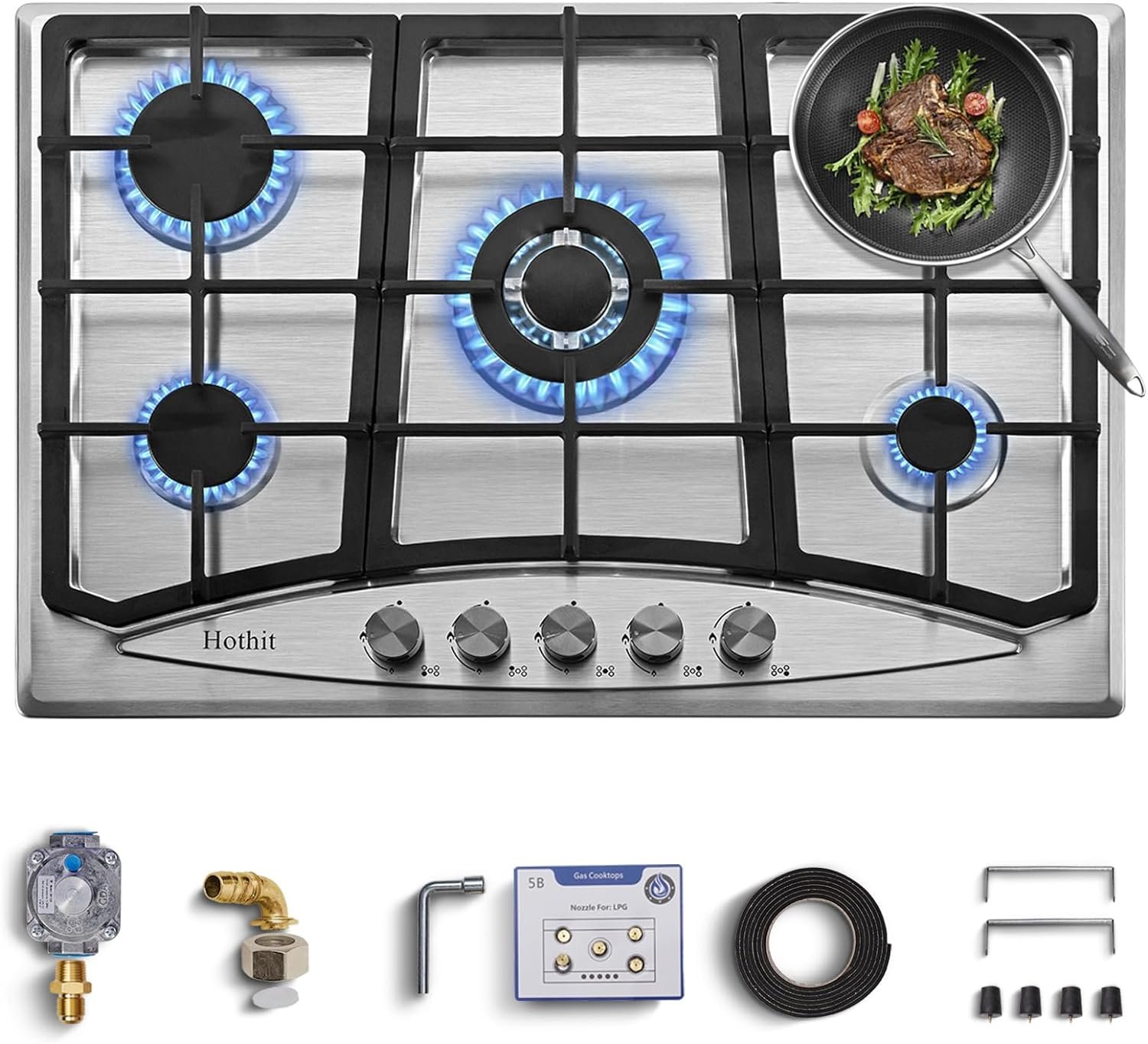 Hothit Propane Gas Cooktop 30 Inch, 5 Burner Built-in Stainless Steel Gas Stove Top, LPG/NG Dual Fuel Auto Ignition Gas Hob, Include Gas Pressure Regulator(L30×W20)