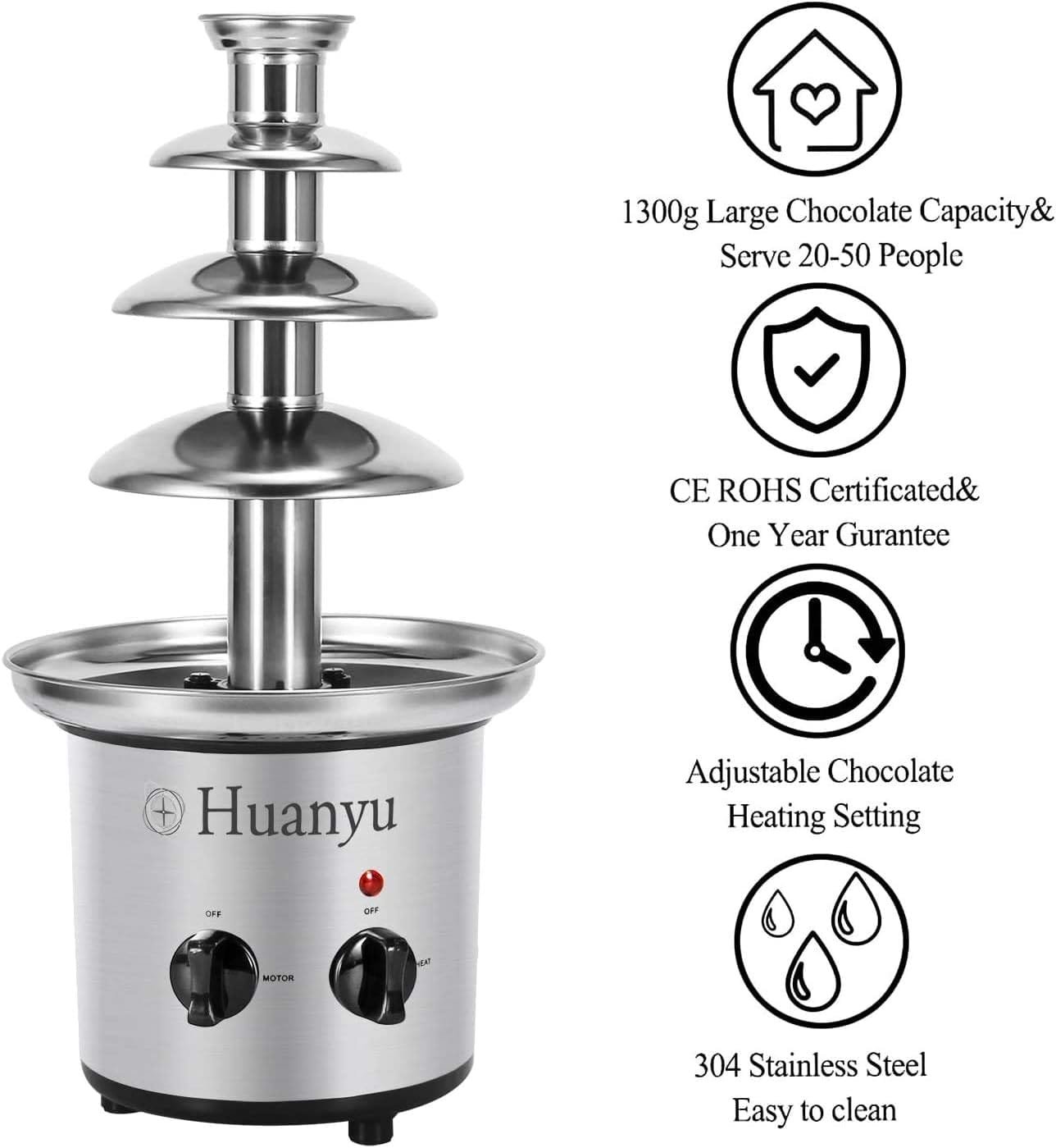 Huanyu Chocolate Fountain 4 Tier Hot Chocolate Fondue Fountain Machine Stainless Steel 18inch Melting Tower 3lbs Capacity for Chocolate Candy, Ranch, Nacho Cheese, Baby Shower, Birthday Celebration Huanyu Chocolate Fountain 4 Tier Hot Chocolate Fondue Fountain Machine Stainless Steel 18inch Melting Tower 3lbs Capacity for Chocolate Candy, Ranch, Nacho Cheese, Baby Shower, Birthday Celebration