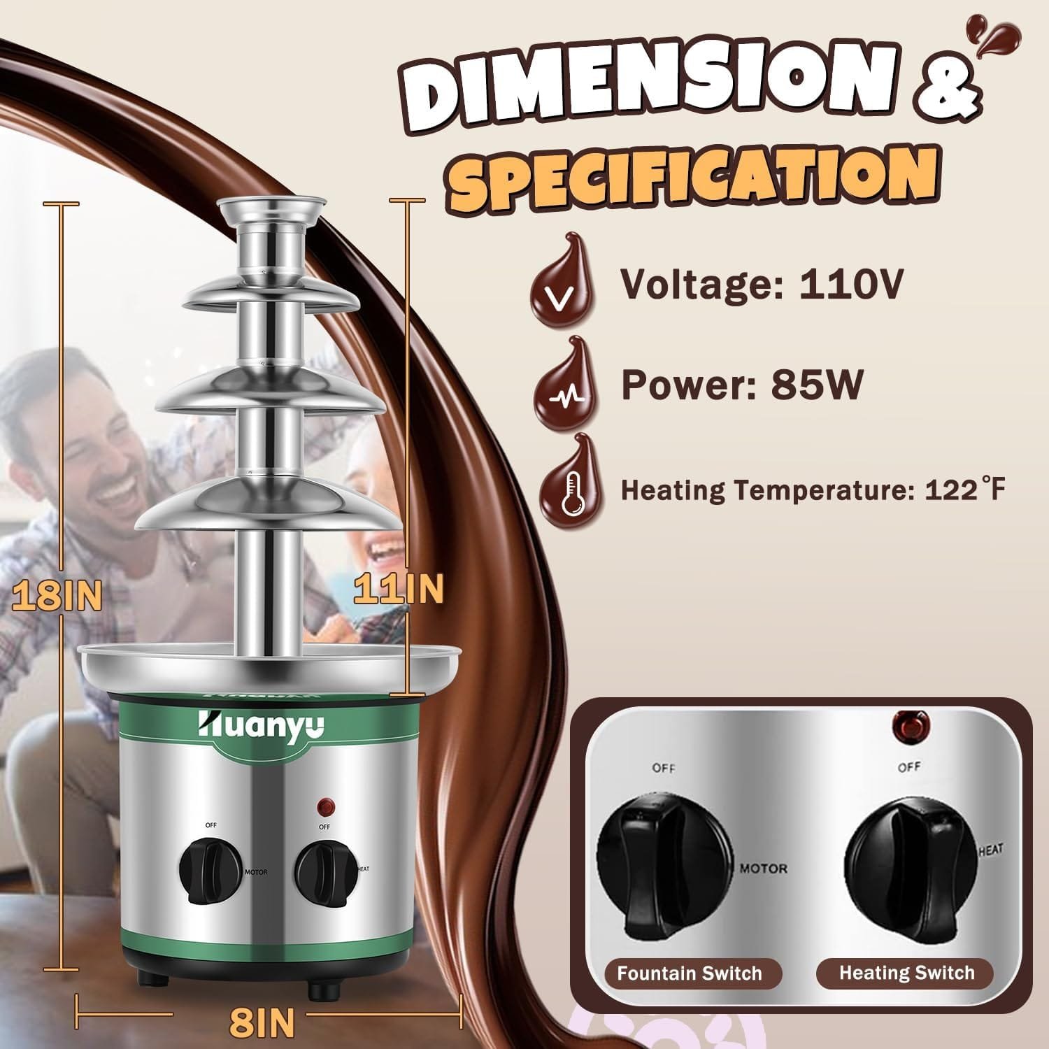 Huanyu Chocolate Fountain 4 Tier Hot Chocolate Fondue Fountain Machine Stainless Steel 18inch Melting Tower 3lbs Capacity for Chocolate Candy, Ranch, Nacho Cheese, Baby Shower, Birthday Celebration Huanyu Chocolate Fountain 4 Tier Hot Chocolate Fondue Fountain Machine Stainless Steel 18inch Melting Tower 3lbs Capacity for Chocolate Candy, Ranch, Nacho Cheese, Baby Shower, Birthday Celebration