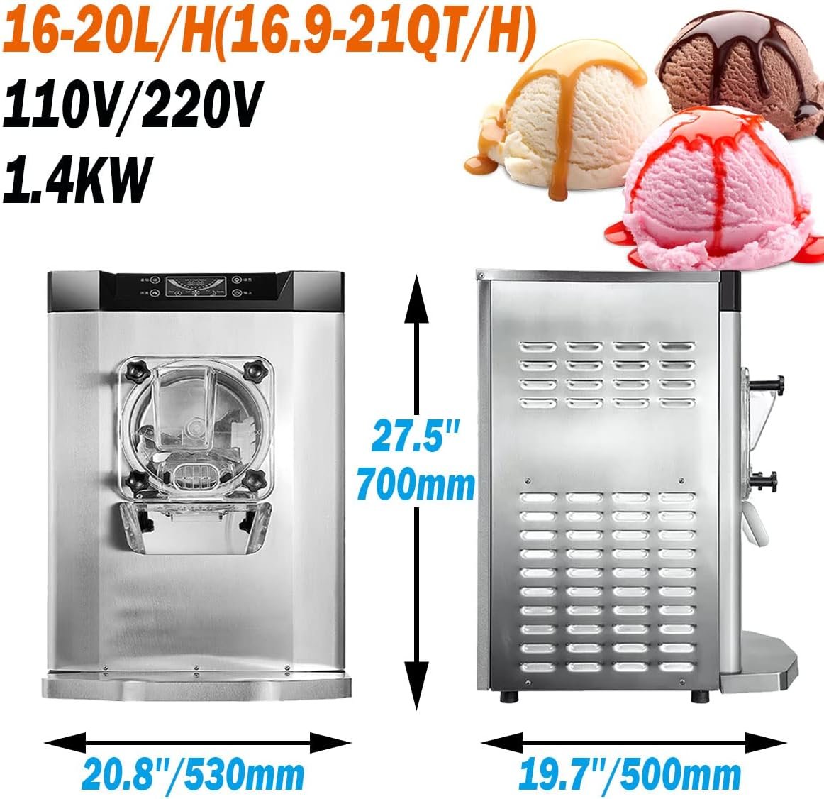 Ice Cream Machines automatic Hard Ice Cream Maker 16-20L/H Commercial Single Flavor Countertop Sorbet Batch Freezer Gelato Equipment Digging Ball Ice Cream Machine (110V, Meizhi Compressor)