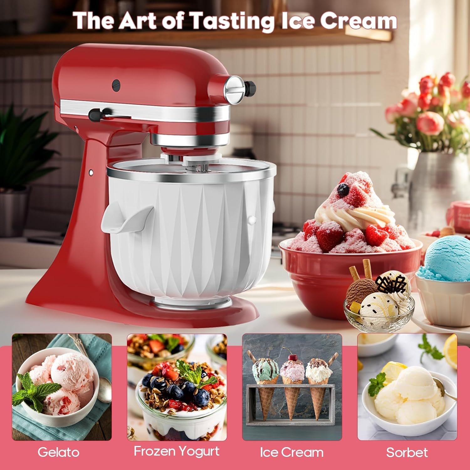 Ice Cream Maker Attachment for KitchenAid Stand Mixer, Compatible with 4.5Qt and Larger Stand or Tilt Mixers, 2 QT Frozen Yogurt Gelato  Sorbet Ice Cream Bowl for Kitchenaid Mixer Attachments