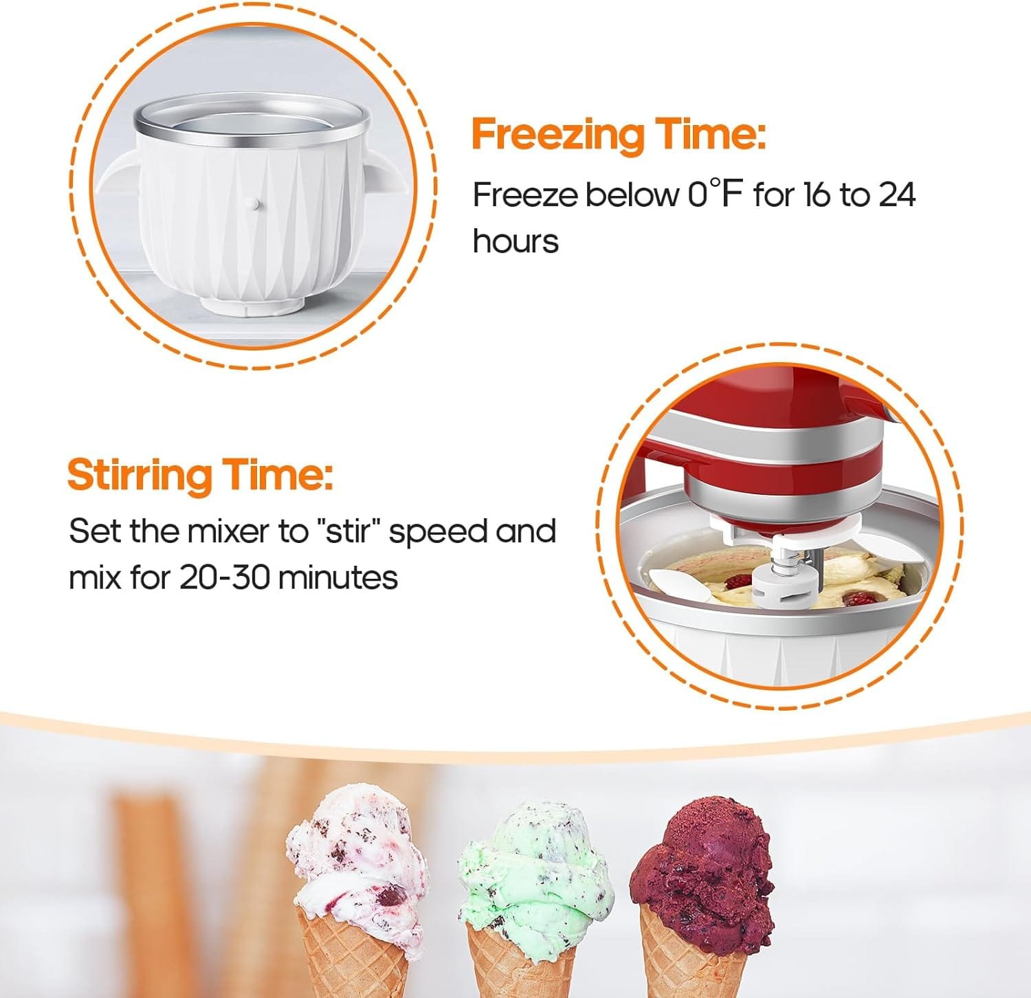 Ice Cream Maker Attachment for KitchenAid Stand Mixer, Ice Cream Bowl Compatible with 4.5Qt and Larger Stand Mixers, Ice Cream  Sorbet Gelato Maker Attachment Makes 2-Quart Frozen Yogurt by Focollk