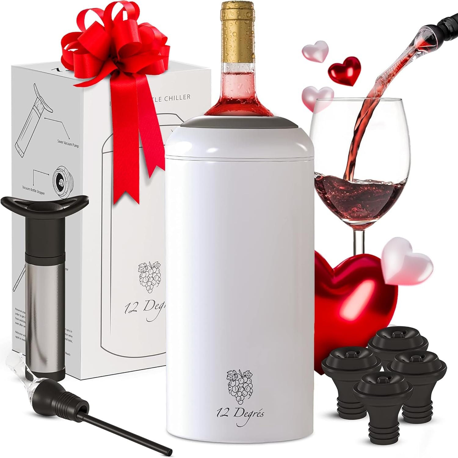Iceless Wine Chiller Set - Perfect Wine Gifts for Women, Men Including Stainless Steel Insulated Wine Bottle Cooler with Wine Pump, Aerator, 4 Stoppers (White Matte) - Valentines Day Gifts Iceless Wine Chiller Set - Perfect Wine Gifts for Women, Men Including Stainless Steel Insulated Wine Bottle Cooler with Wine Pump, Aerator, 4 Stoppers (White Matte) - Valentines Day Gifts