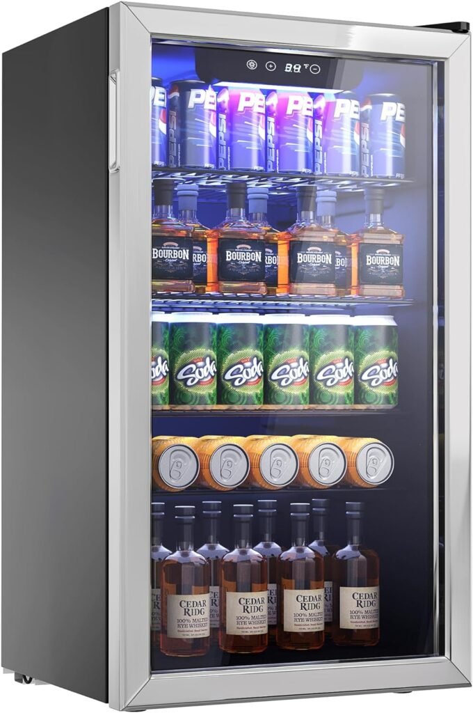 Icyglee Beverage Refrigerator Cooler - 126 Can Mini Fridge with Glass Door Freestanding for Soda Beer or Wine, Beverage Cooler for Home, Office, Bar with Adjustable Removable Shelves, Sliver.