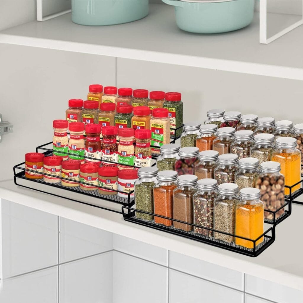IFELS Spice Rack Organizer for Cabinet, 4 Tier Seasoning Organizer, Expandable Shelf,Step Storage Holder, Kitchen Cabinet Countertop,with Protection Railing, Metal (Black,2 PC)