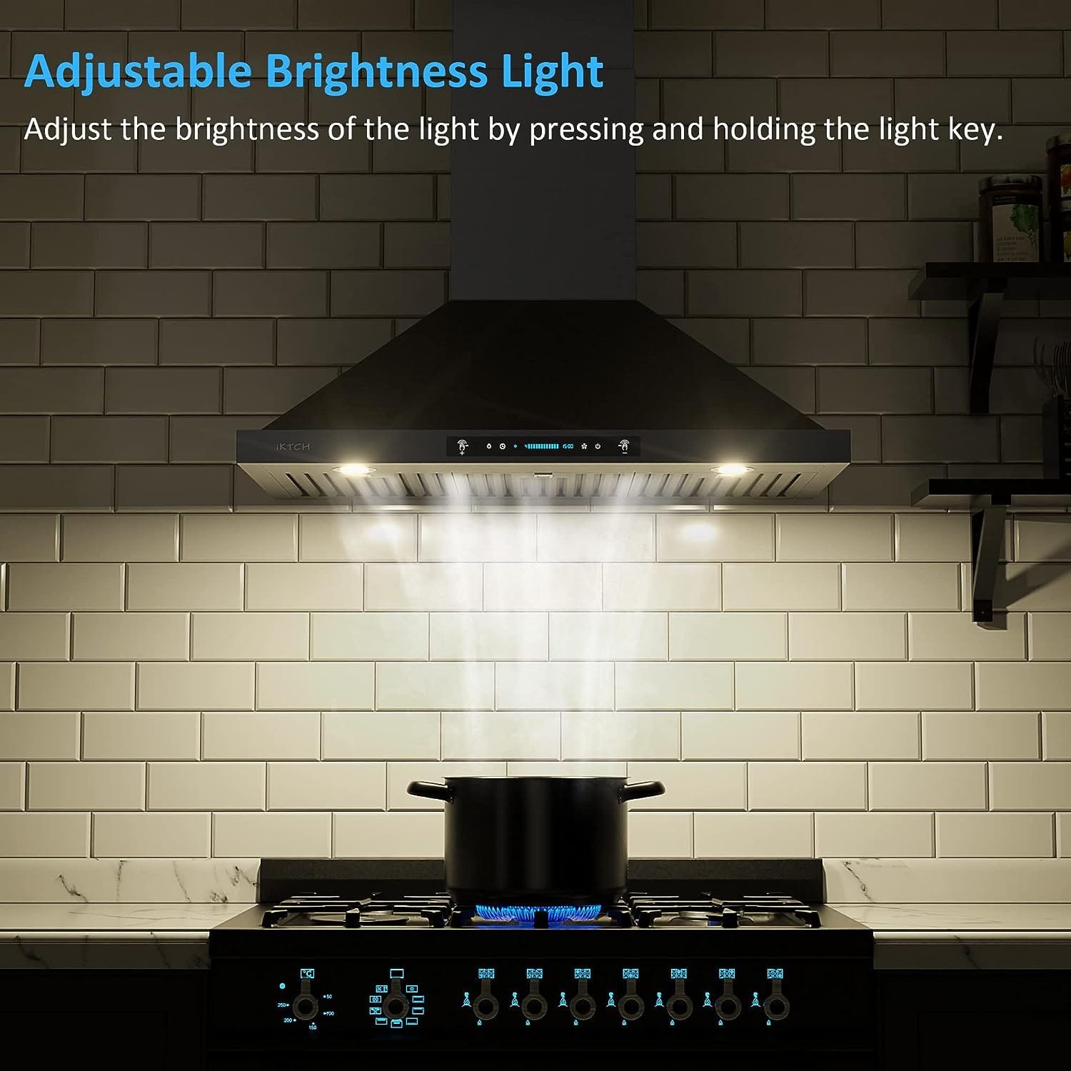 IKTCH 30 inch Black Wall Mount Range Hood, 900 CFM Ducted/Ductless Stainless Steel Vent Hood with Gesture Sensing  Touch Control Switch Panel, 2 Pcs Adjustable Lights(IKP02-30-BSS)