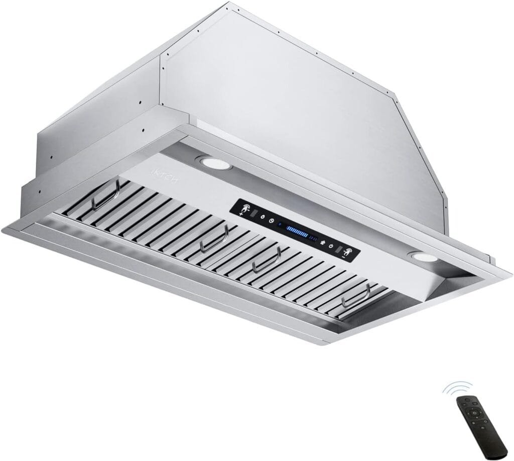 IKTCH 42 inch Built-in/Insert Range Hood 900 CFM, Ducted/Ductless Convertible Duct, Stainless Steel Kitchen Vent Hood with 2 Pcs Adjustable Lights and 3 Pcs Baffle Filters with Handlebar(IKB02-42)