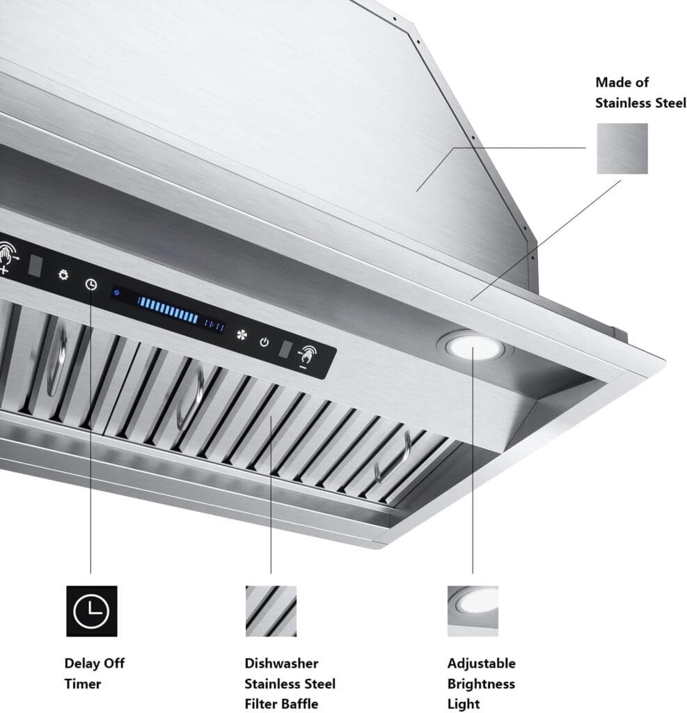 IKTCH 42 inch Built-in/Insert Range Hood 900 CFM, Ducted/Ductless Convertible Duct, Stainless Steel Kitchen Vent Hood with 2 Pcs Adjustable Lights and 3 Pcs Baffle Filters with Handlebar(IKB02-42)