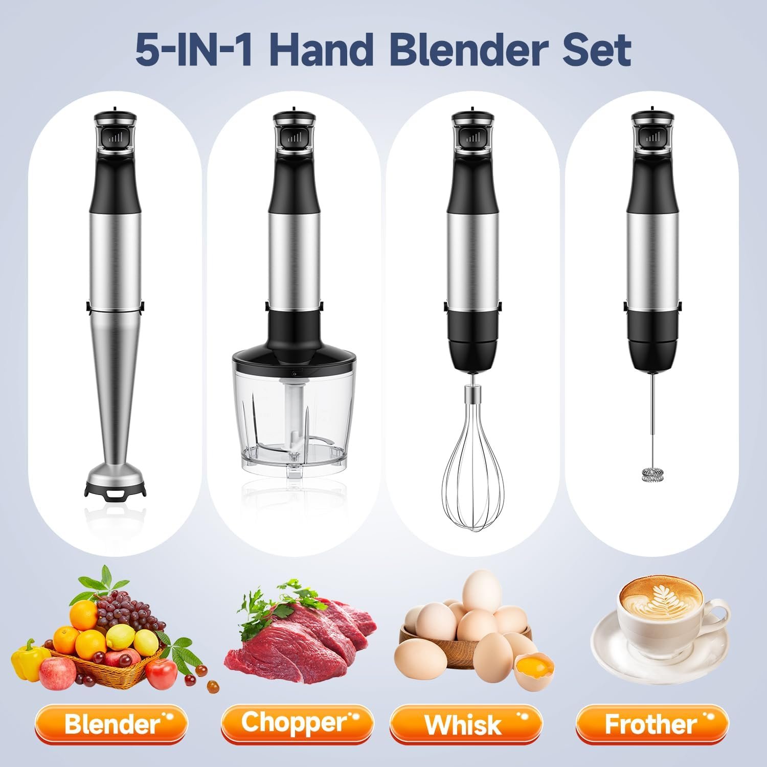 Immersion Blender Handheld 5 in 1 Hand Blender Infinitely Variable Speed 1100W Stick Blenders, Emulsion Blender for Kitchen, Soup, Smoothies, with Chopper, Whisk and Frother