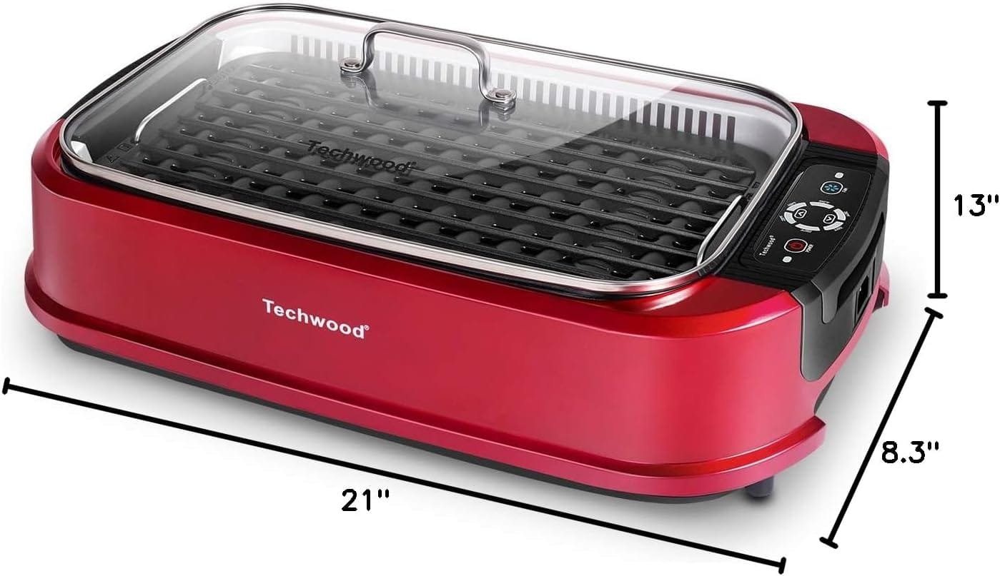 Indoor Smokeless Grill, Techwood 1500W Electric Indoor Grill with Tempered Glass Lid, Portable Non-stick BBQ Korean Grill, Turbo Smoke Extractor Technology, Drip Tray Double Removable Plate, Red