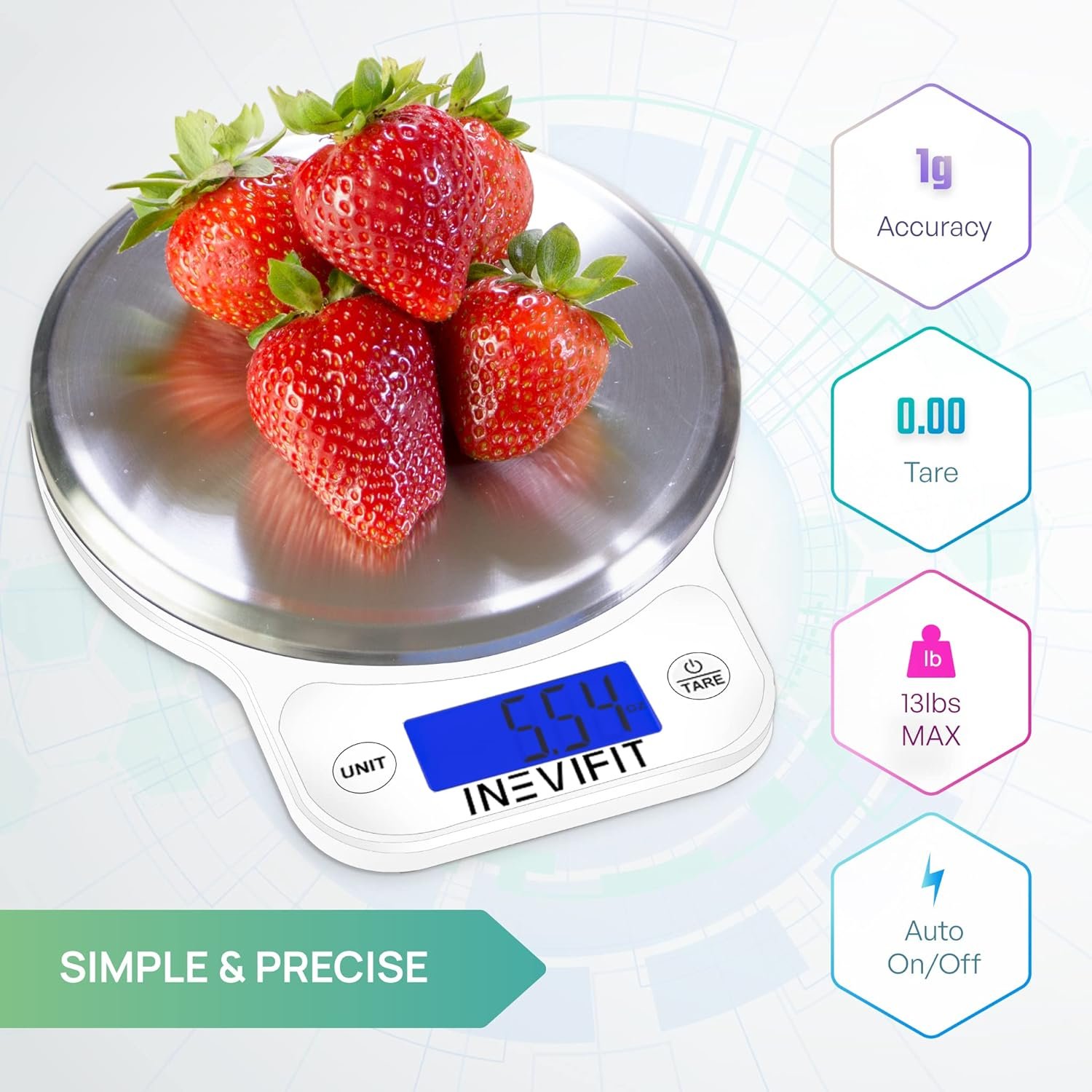 INEVIFIT Digital Kitchen Scale, Highly Accurate Multifunction Food Scale 13 lbs 6kgs Max, Clean Modern White with Premium Stainless Steel Finish. Includes Batteries