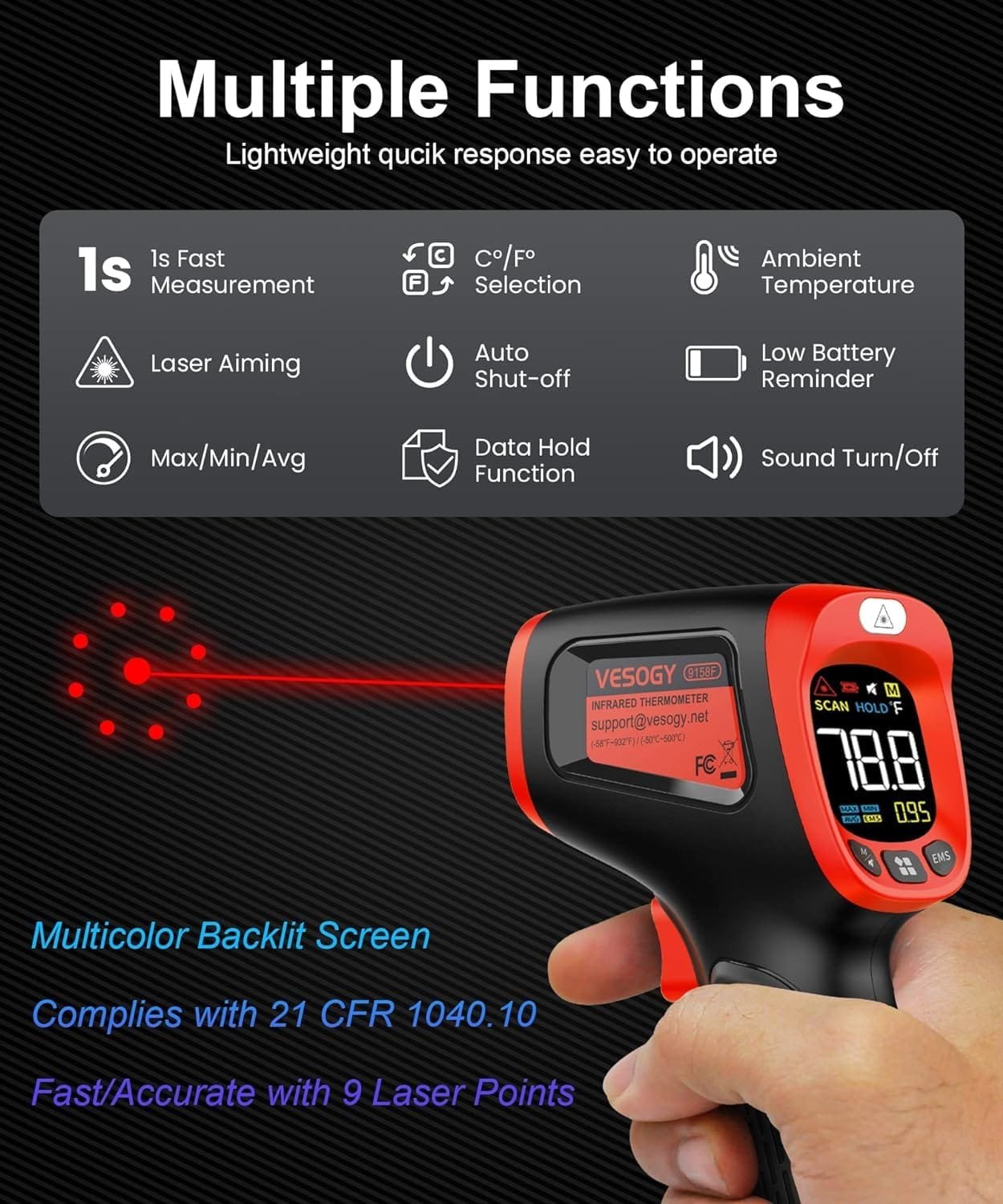 Infrared Thermometer Temperature Gun -58°F ~932°F, Digital Laser Thermometer Gun for Cooking, Pizza Oven, Grill  Engine, IR Thermometer Temp Gun with Adjustable Emissivity  Max-Min Measure