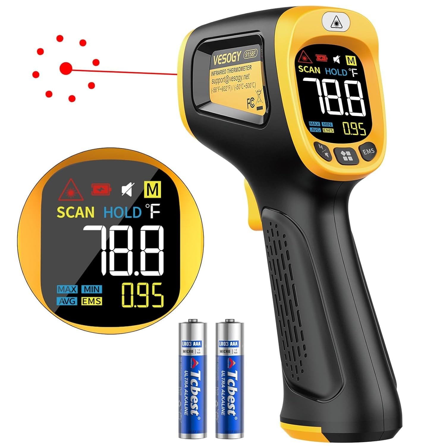 Infrared Thermometer Temperature Gun -58°F ~932°F, Digital Laser Thermometer Gun for Cooking, Pizza Oven, Grill  Engine, IR Thermometer Temp Gun with Adjustable Emissivity  Max-Min Measure