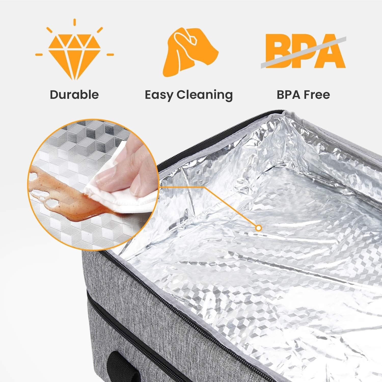 Insulated Casserole Carrier for Hot or Cold Food, Lasagna Lugger Tote for Potluck Parties/Picnic/Cookouts, Fits 9x13 Baking Dish, Grey