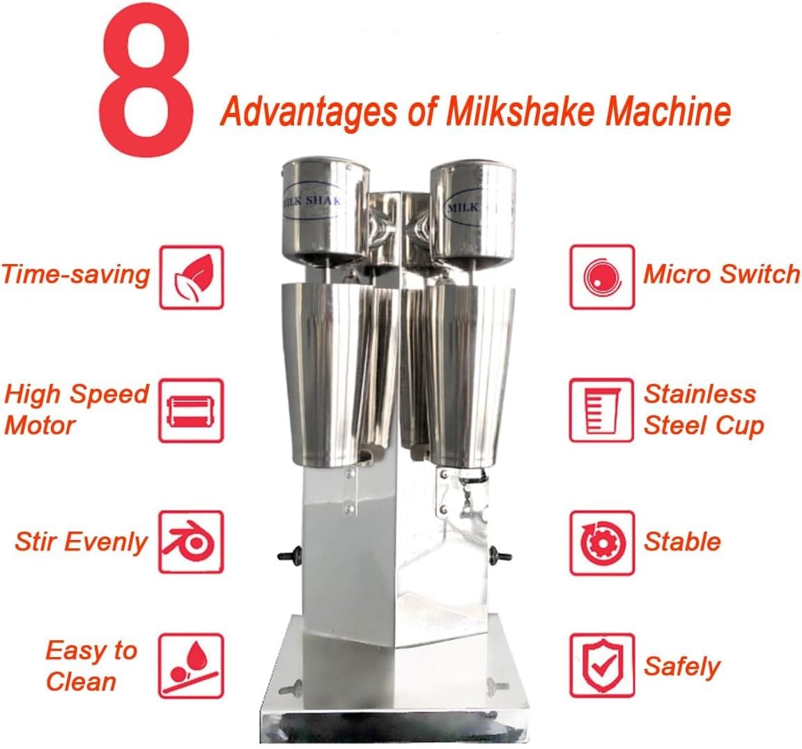 INTBUYING Dual Head Milkshake Machine Stainless Steel Milk Shake Machine 2 Speed with Mixing Cup, Smoothie Mixer Blender Cocktail Mixer Maker Commercial Milkshake Mixer