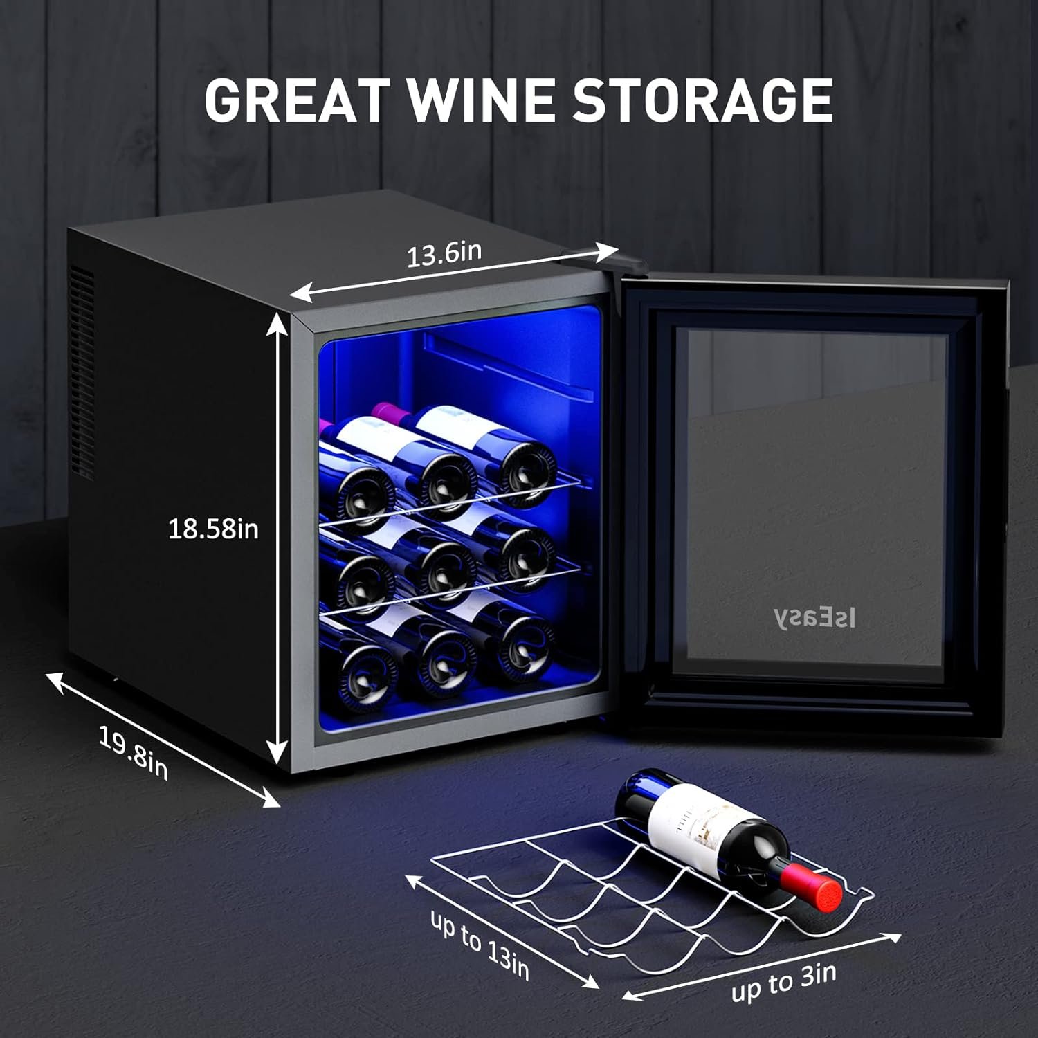 IsEasy Wine Cooler Refrigerator 12 Bottle Mini Wine Fridge Freestanding For Red, White, Champagne Wine Cellar with 46F-66F Digital Temperature Control, Double-Layer Tempered Glass Door