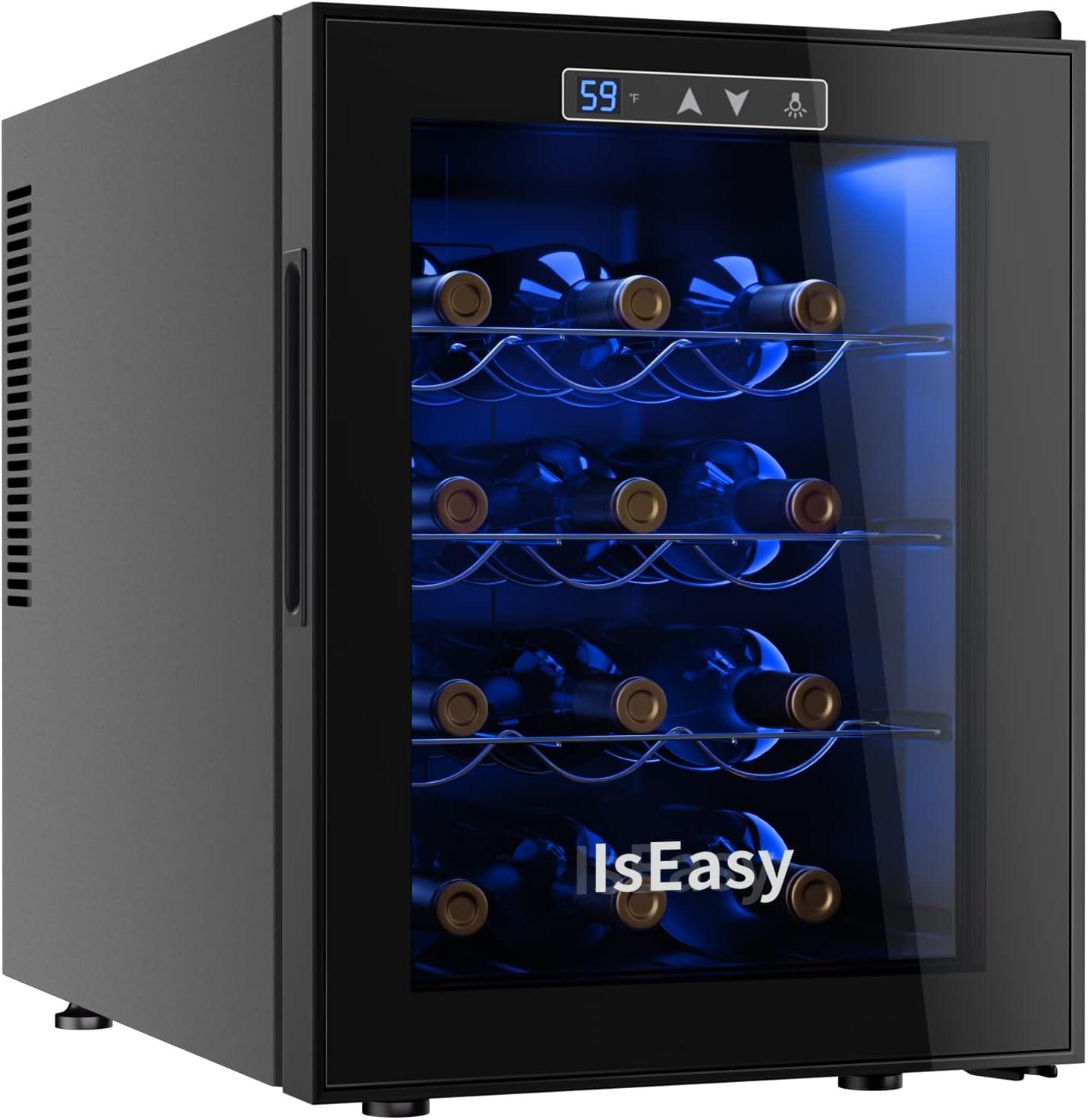 IsEasy Wine Cooler Refrigerator 12 Bottle Mini Wine Fridge Freestanding For Red, White, Champagne Wine Cellar with 46F-66F Digital Temperature Control, Double-Layer Tempered Glass Door