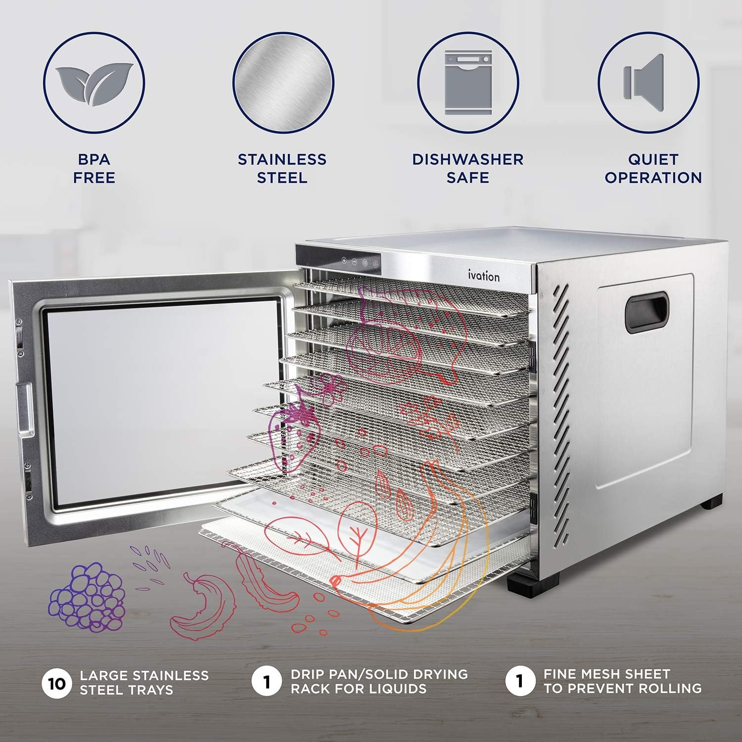 Ivation 10 Tray Commercial Food Dehydrator Machine | 1000w, Digital Adjustable Timer and Temperature Control | Dryer for Jerky, Herb, Meat, Beef, Fruit and To Dry Vegetables | Stainless Steel