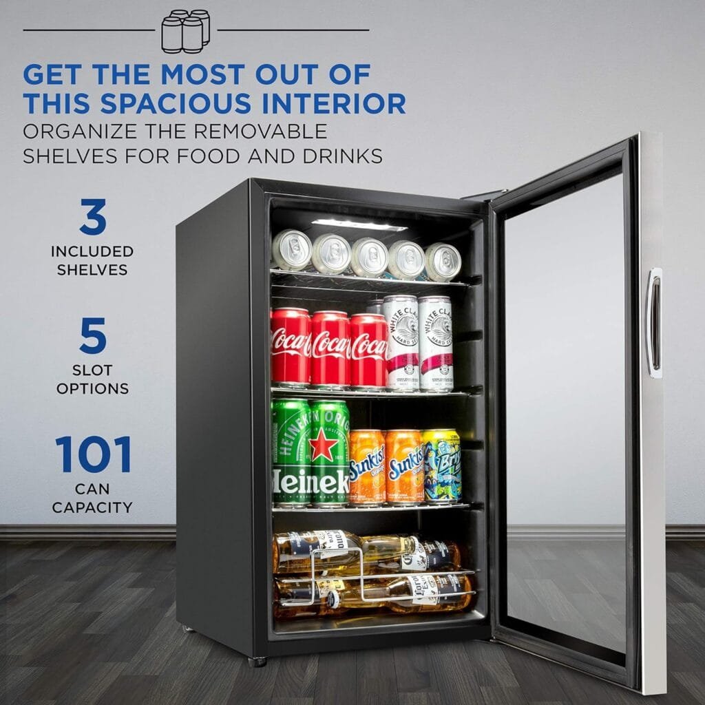 Ivation 101 Can Beverage Refrigerator | Freestanding Ultra Cool Mini Drink Fridge | Beer, Cocktails, Soda, Juice Cooler for Home  Office | Reversible Glass Door  Adjustable Shelving, Stainless Steel Ivation 101 Can Beverage Refrigerator | Freestanding Ultra Cool Mini Drink Fridge | Beer, Cocktails, Soda, Juice Cooler for Home  Office | Reversible Glass Door  Adjustable Shelving, Stainless Steel