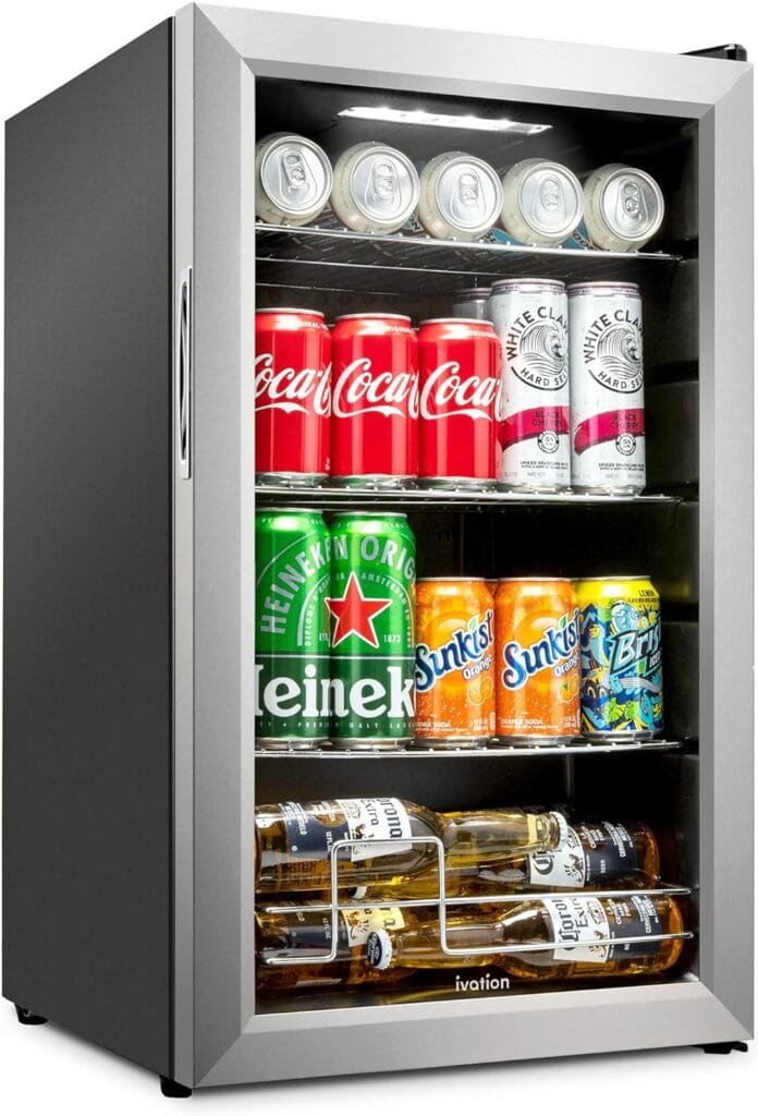 Ivation 101 Can Beverage Refrigerator | Freestanding Ultra Cool Mini Drink Fridge | Beer, Cocktails, Soda, Juice Cooler for Home  Office | Reversible Glass Door  Adjustable Shelving, Stainless Steel Ivation 101 Can Beverage Refrigerator | Freestanding Ultra Cool Mini Drink Fridge | Beer, Cocktails, Soda, Juice Cooler for Home  Office | Reversible Glass Door  Adjustable Shelving, Stainless Steel