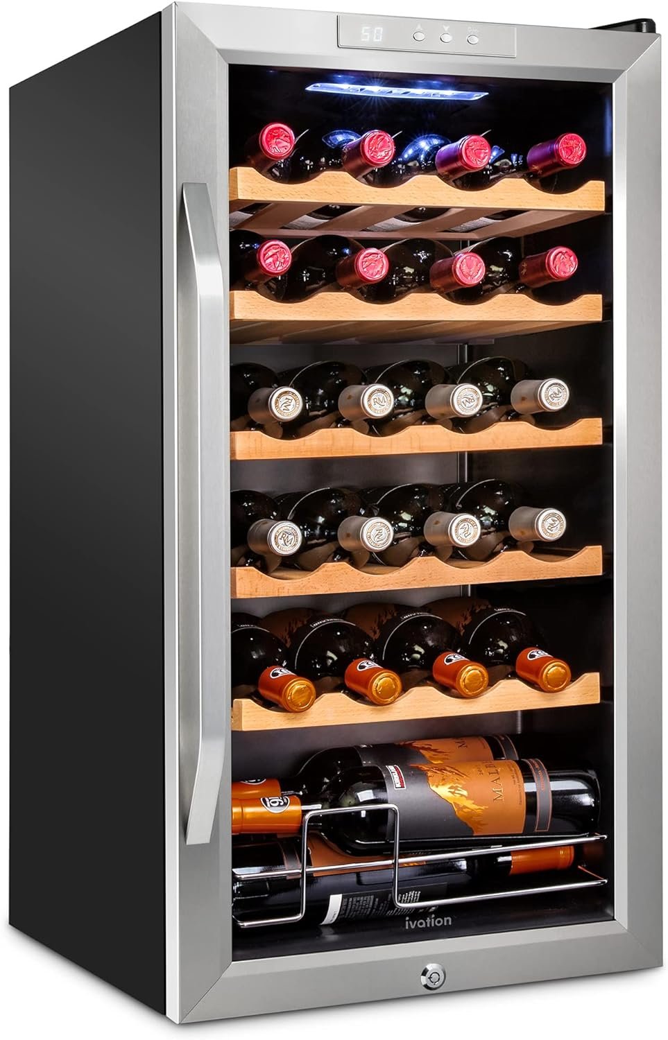 Ivation 24 Bottle Compressor Wine Cooler Refrigerator w/Lock | Large Freestanding Wine Cellar For Red, White, Champagne or Sparkling Wine | 41f-64f Digital Temperature Control Fridge Glass Door Black