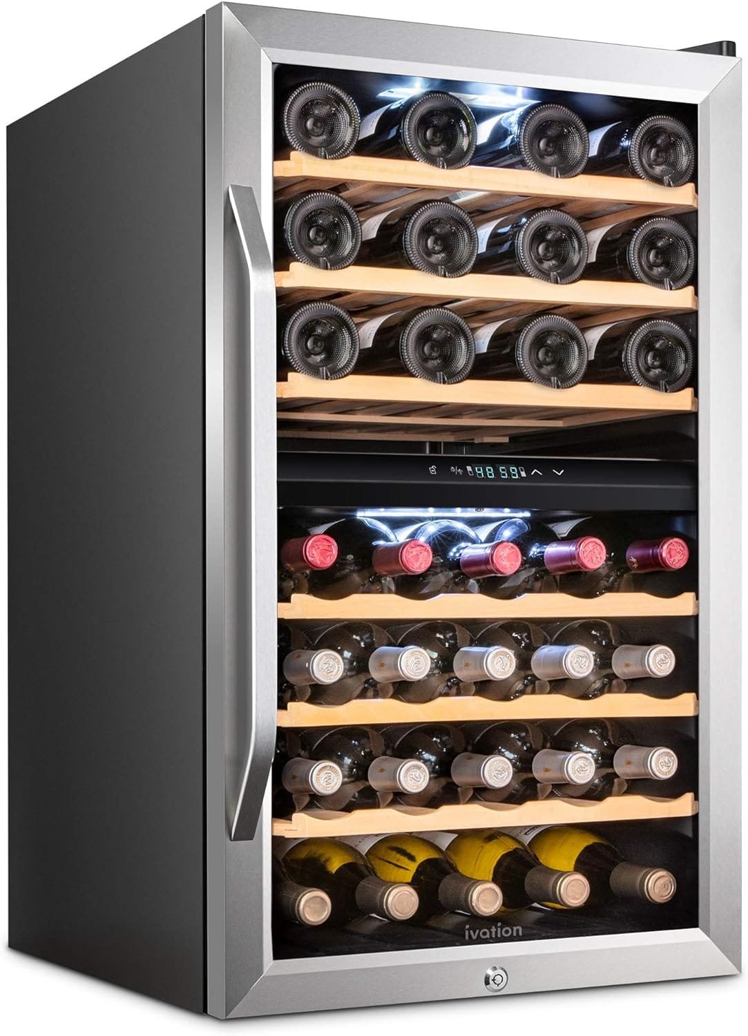 Ivation 43 Bottle Dual Zone Wine Cooler Refrigerator w/Lock | Large Freestanding Wine Cellar For Red, White, Champagne  Sparkling Wine | 41f-64f Digital Temperature Control Fridge Stainless Steel