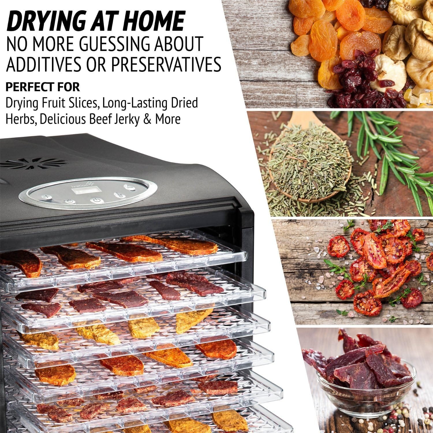 Ivation 6 Tray Countertop Digital Food Dehydrator Drying Machine 480w with Preset Temperature Settings, Auto Shutoff Timer and Even Heat Circulation for Beef Jerky, Fruits, Vegetables Nuts Ivation 6 Tray Countertop Digital Food Dehydrator Drying Machine 480w with Preset Temperature Settings, Auto Shutoff Timer and Even Heat Circulation for Beef Jerky, Fruits, Vegetables Nuts