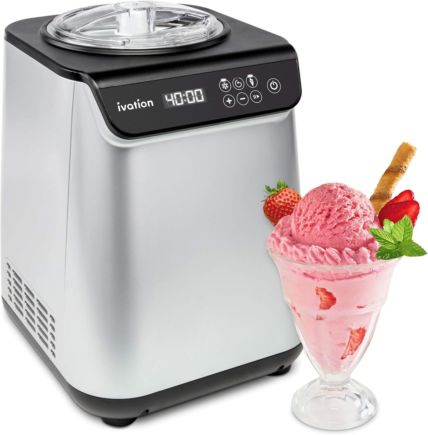 Ivation Automatic Ice Cream Maker Machine, No Pre-freezing Necessary with Built-in Compressor, Stainless Steel Gelato Maker, LCD Screen, Digital Timer, Removable Bowl, Clear Lid