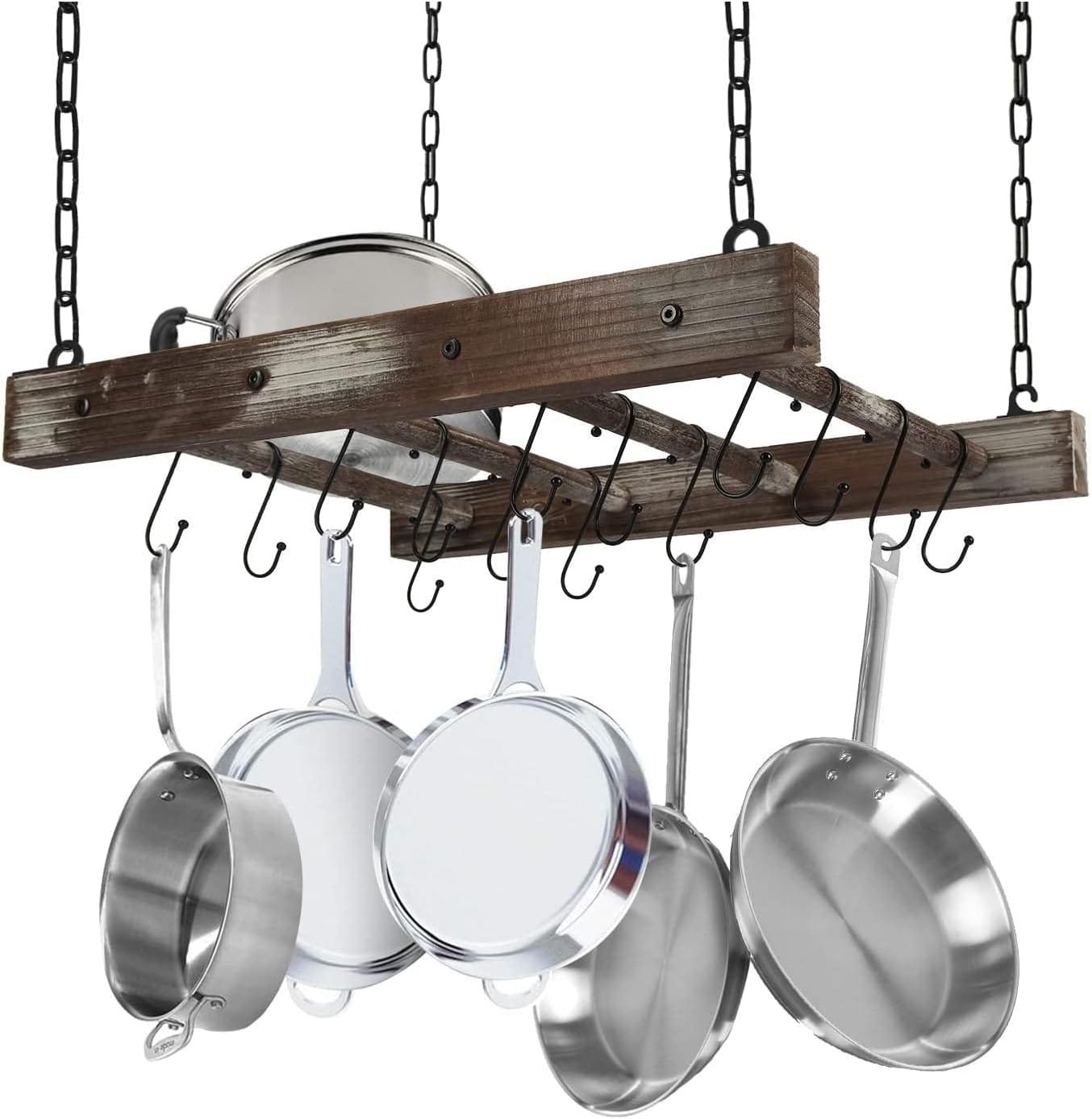 J JACKCUBE DESIGN Hanging Pot Rack Pan Ceiling Wall Mounted Hanger Multi- Purpose Rustic Wood and Metal Cookware Kitchen Storage Organizer With Utility 16 Hooks - MK603B