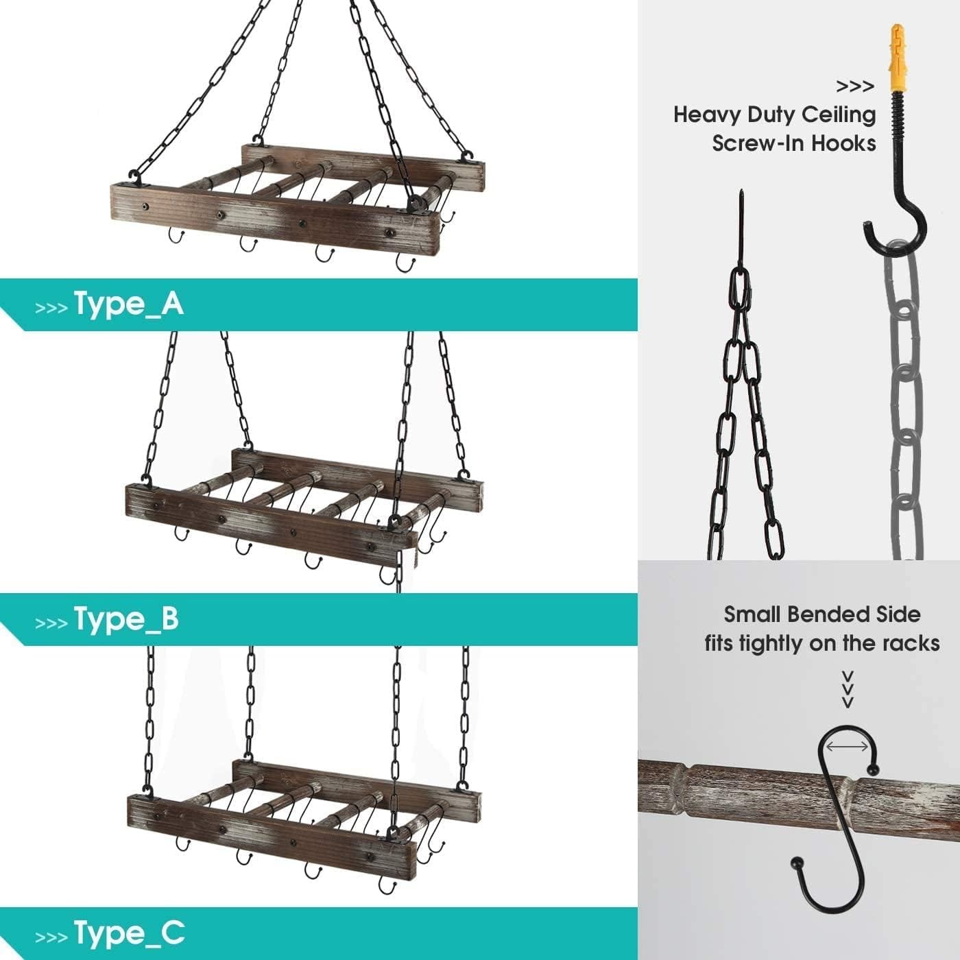 j-jackcube-design-hanging-pot-rack-pan-ceiling-wall-mounted-hanger-multi-purpose-rustic-wood-and-metal-cookware-kitchen- - Cooking Appliance World