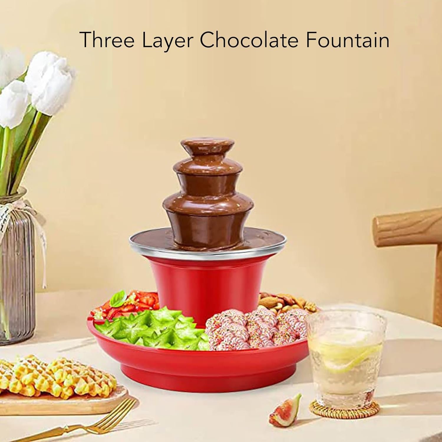 Jiawu 3 Tiers Chocolate Fountain, Electric Chocolate Fondue Fountain Machine, Hot Chocolate Fondue Pot, Dip Strawberries, Vegetables for Party, Gathering, Wedding, Birthday