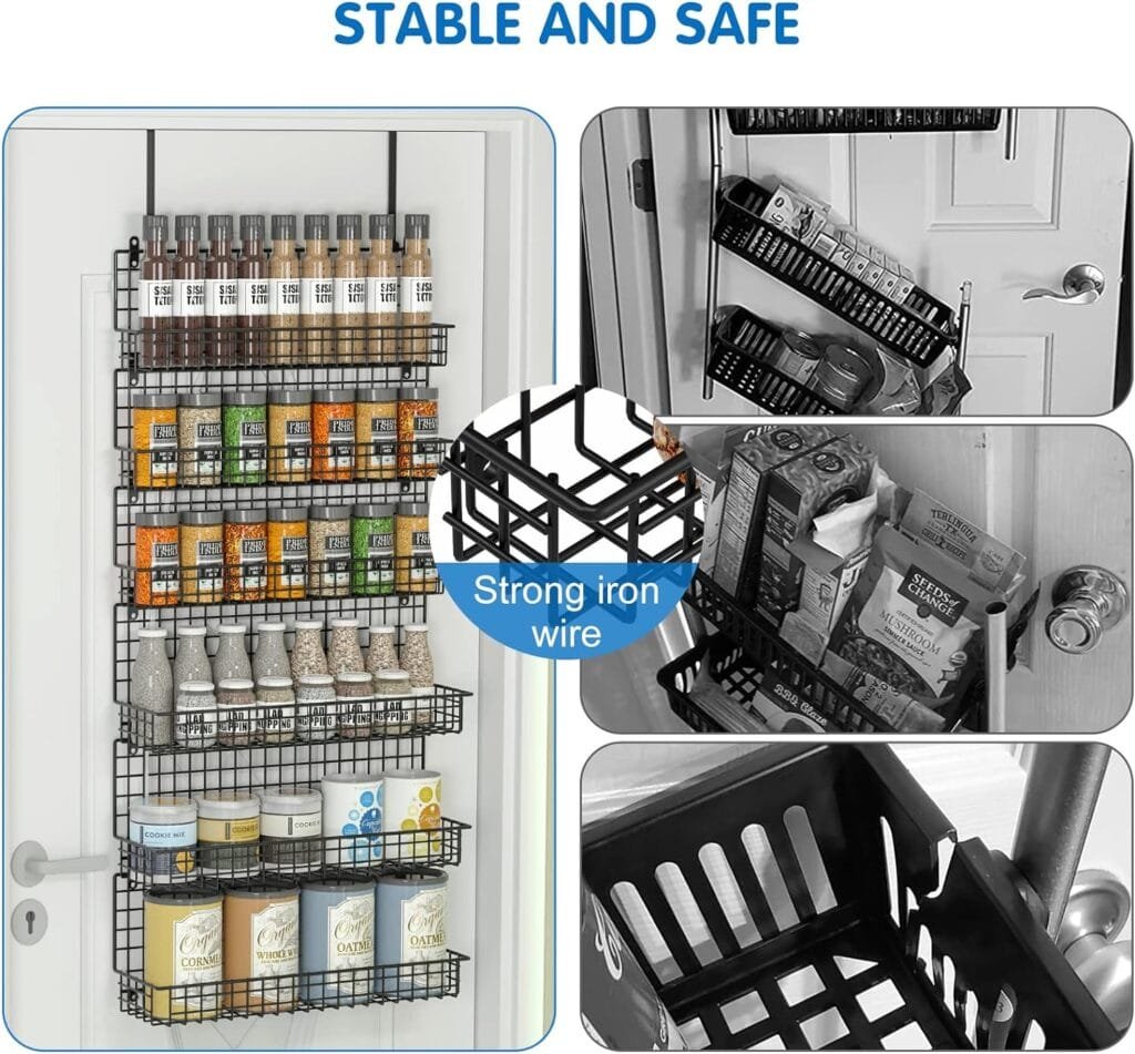 JKsmart 6-Tier Spice Rack Organizer with Door Hook, Wall Mounted  Over the Door Spice Racks for Kitchen Pantry Door Cabinet, Two Size, Large Capacity, Black