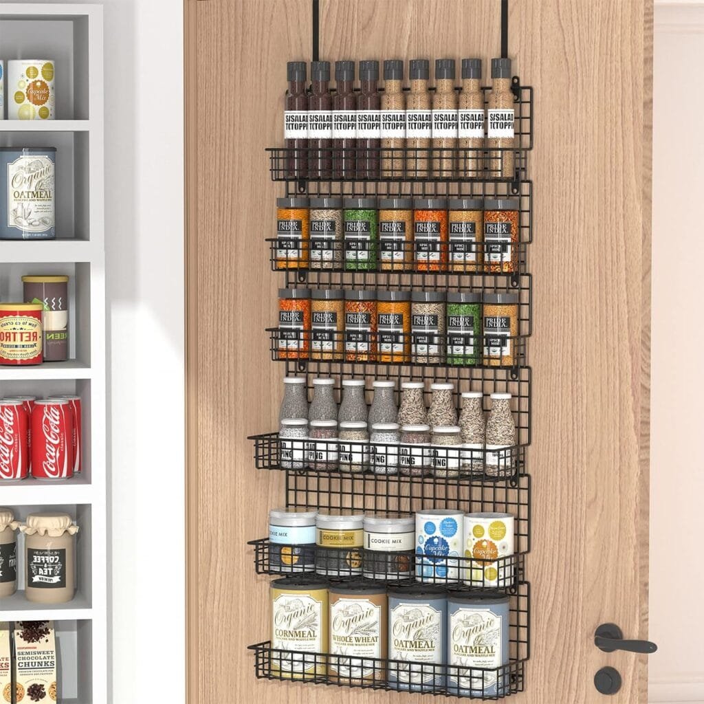 JKsmart 6-Tier Spice Rack Organizer with Door Hook, Wall Mounted  Over the Door Spice Racks for Kitchen Pantry Door Cabinet, Two Size, Large Capacity, Black