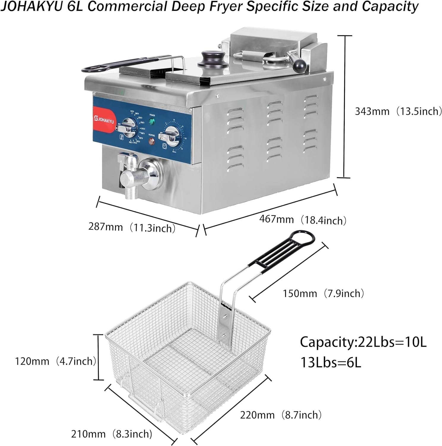 JOHAKYU 26Lbs Commercial Deep Fryer, Electric Deep Fryer with Timer, Drain, Swung Up Fryer Head, 120v 3600w Electric Countertop Fryer Stainless Steel for Home and Restaurant Use（6V-2)
