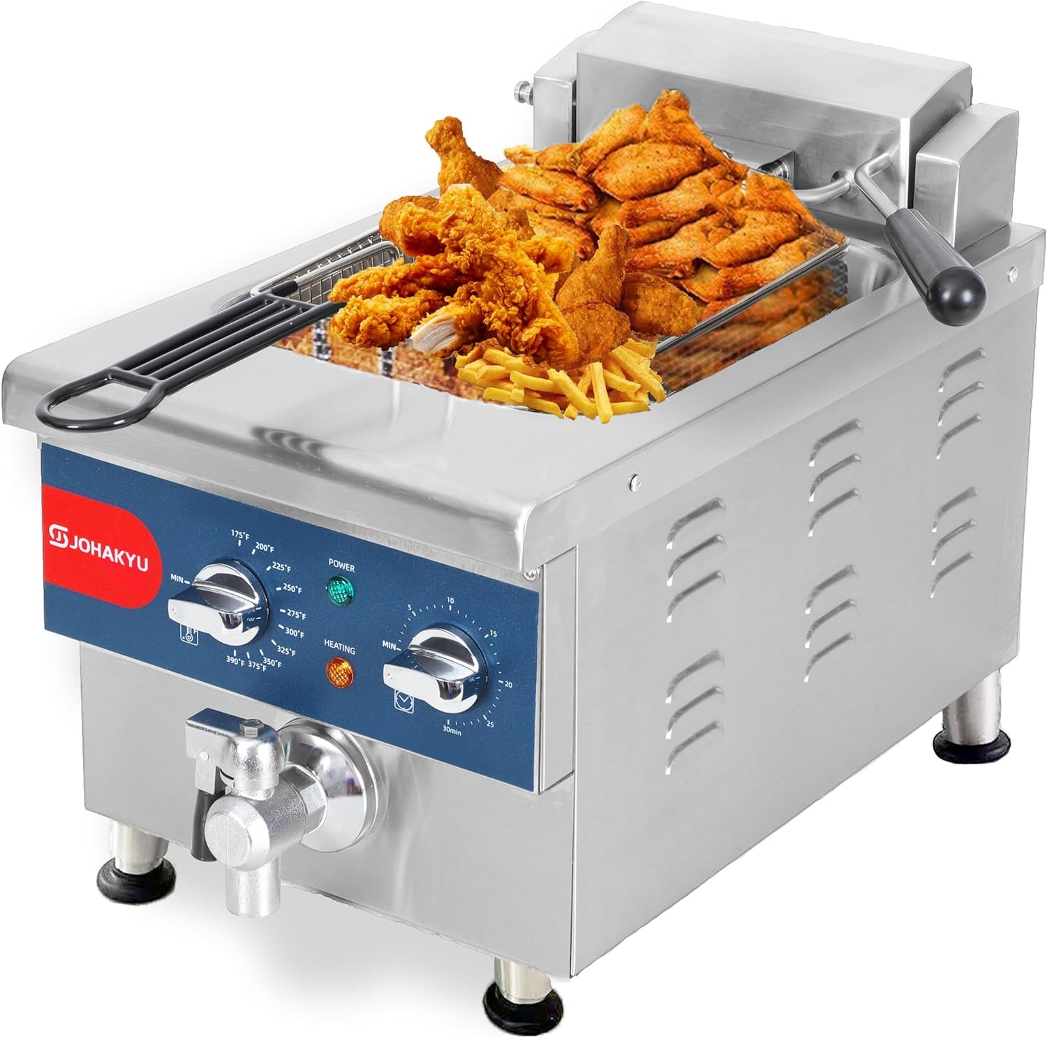 JOHAKYU 26Lbs Commercial Deep Fryer, Electric Deep Fryer with Timer, Drain, Swung Up Fryer Head, 120v 3600w Electric Countertop Fryer Stainless Steel for Home and Restaurant Use（6V-2)