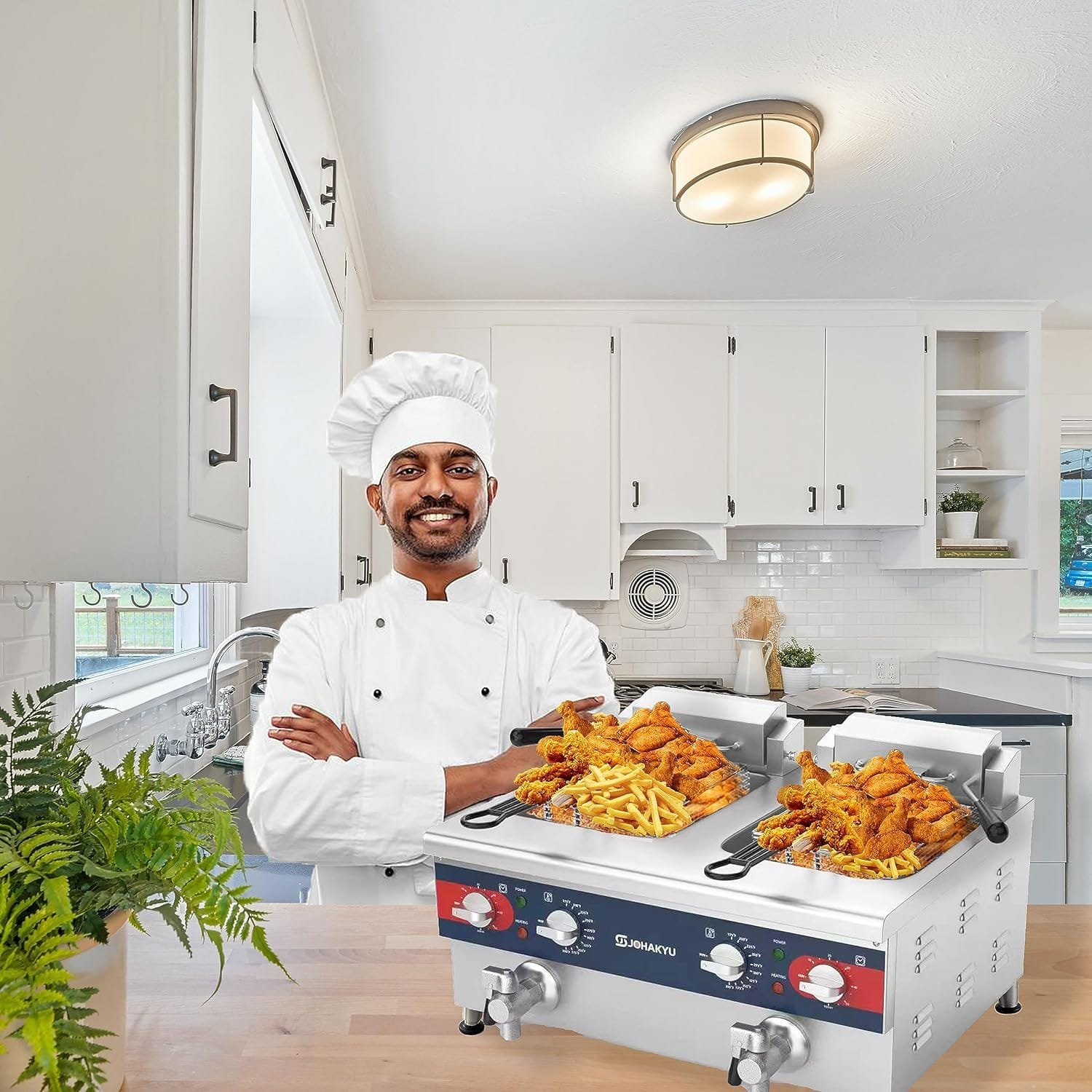 JOHAKYU 26Lbs Commercial Deep Fryer, Electric Deep Fryer with Timer, Drain, Swung Up Fryer Head, 120v 3600w Electric Countertop Fryer Stainless Steel for Home and Restaurant Use（6V-2)