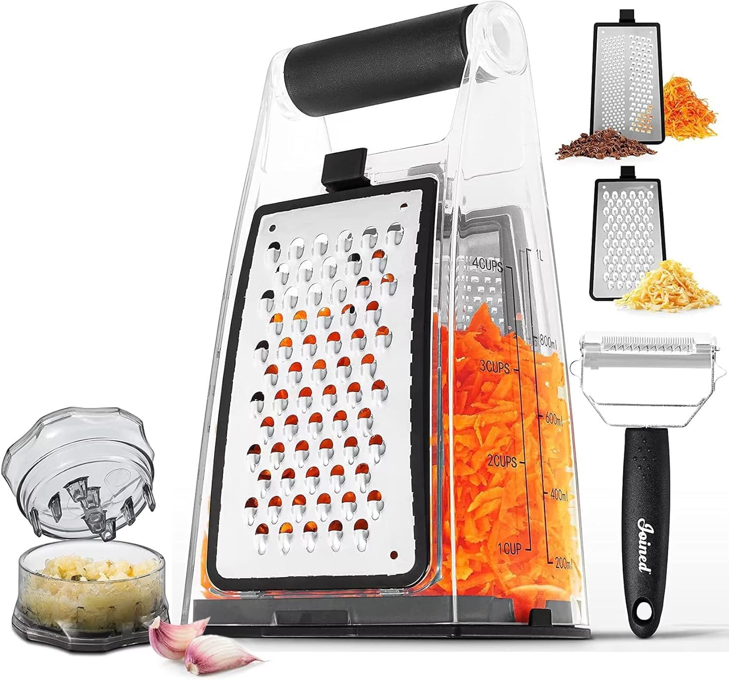 Joined Cheese Grater with Container - Box Grater Cheese Shredder Lemon Zester - Cheese Grater with Handle - Graters for Kitchen Stainless Steel Food Grater - Garlic Mincer Tool and Vegetable Peeler Joined Cheese Grater with Container - Box Grater Cheese Shredder Lemon Zester - Cheese Grater with Handle - Graters for Kitchen Stainless Steel Food Grater - Garlic Mincer Tool and Vegetable Peeler